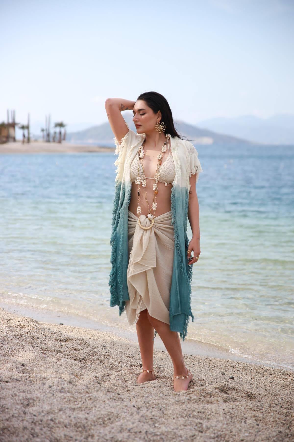 Blue Color Gradient Ripped Stripe Detailed Caftan