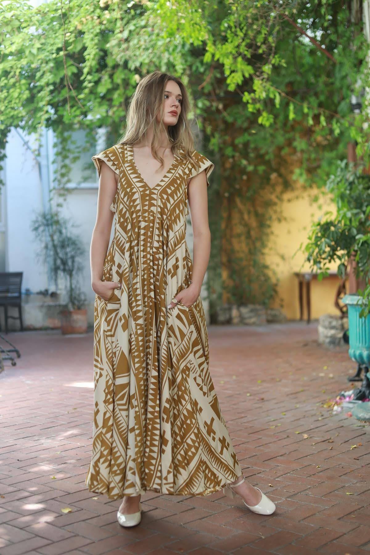 Olive Green Patterned V Neck Strappy Dress