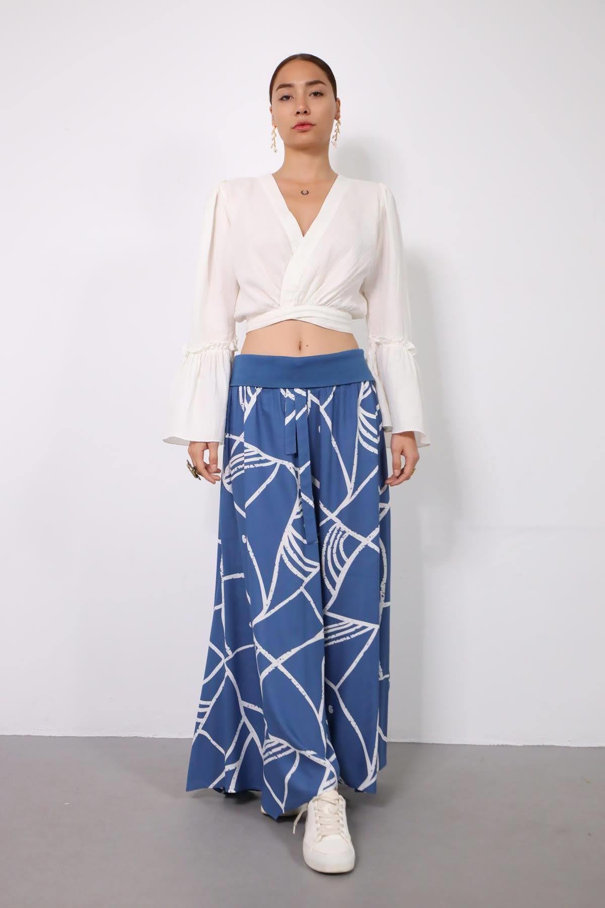 İndigo Mavi Desenli Beli İpli Yırtmaçlı Yarasa Pantolon - Şaman Butik İndigo Mavi Desenli Beli İpli Yırtmaçlı Yarasa Pantolon