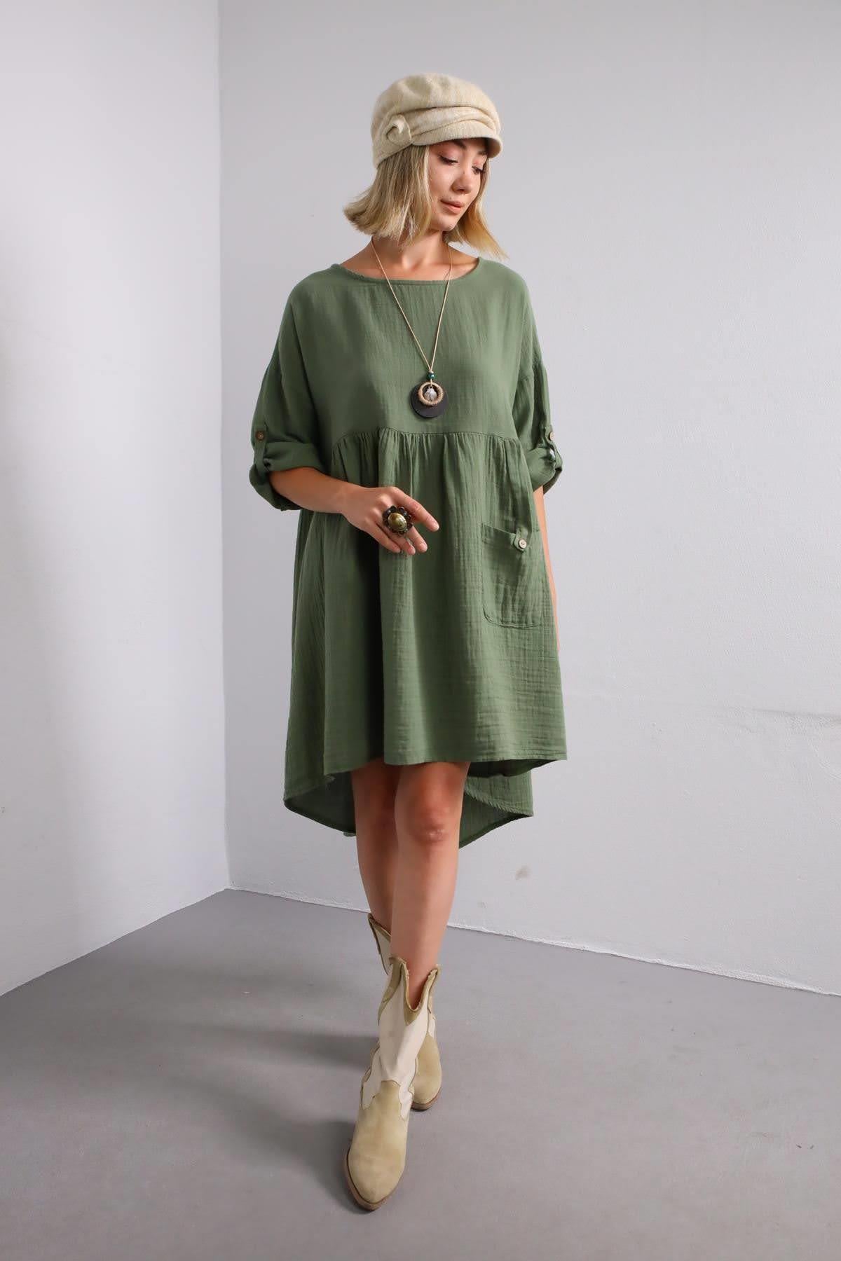 Haki Tek Cepli Kolu Apoletli Müslin Elbise - Şaman Butik Haki Tek Cepli Kolu Apoletli Müslin Elbise