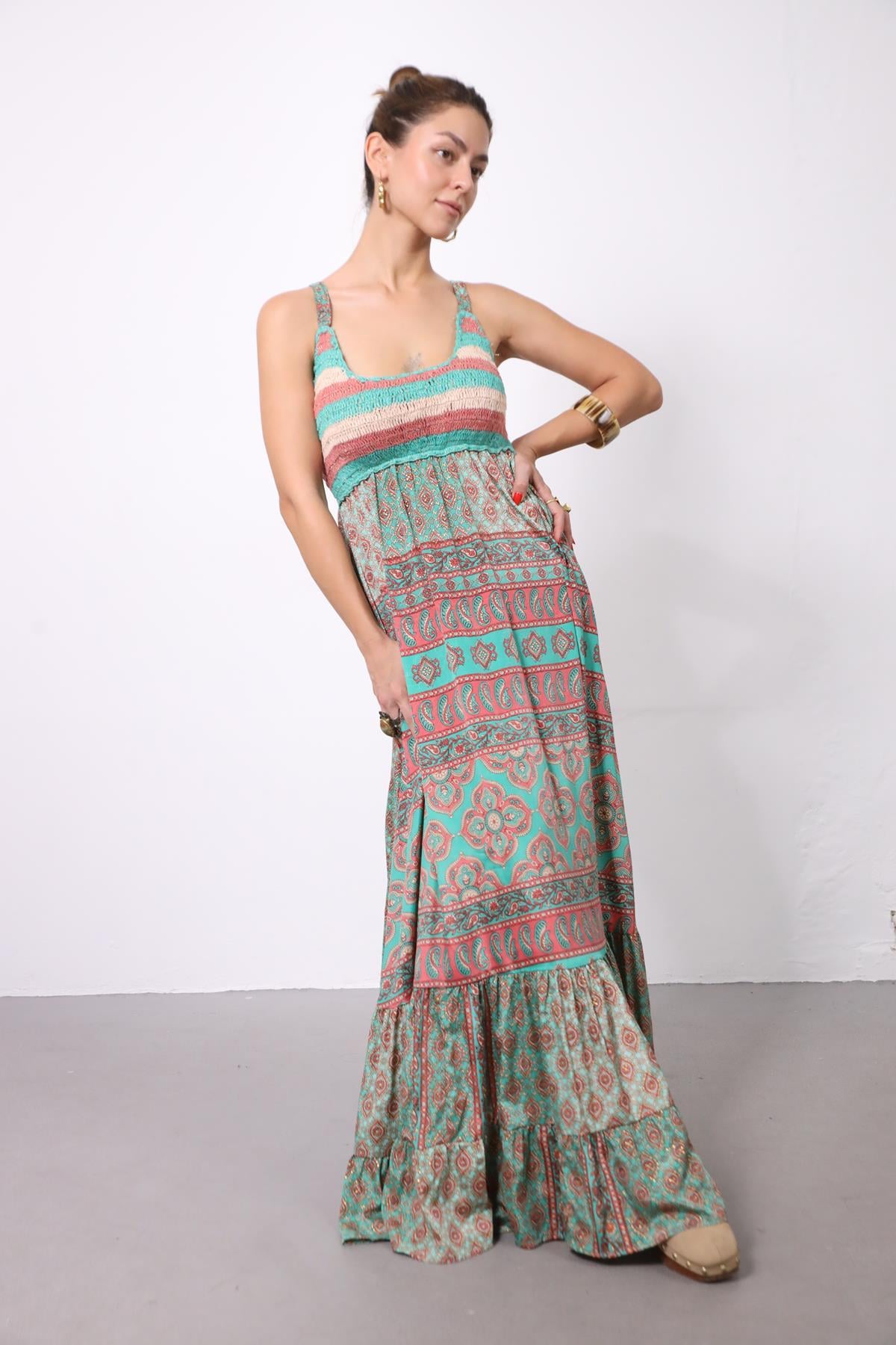 Mint Yeşili Sırtı Gipeli Örgü Detaylı Askılı İpek Elbise - Şaman Butik Mint Yeşili Sırtı Gipeli Örgü Detaylı Askılı İpek Elbise