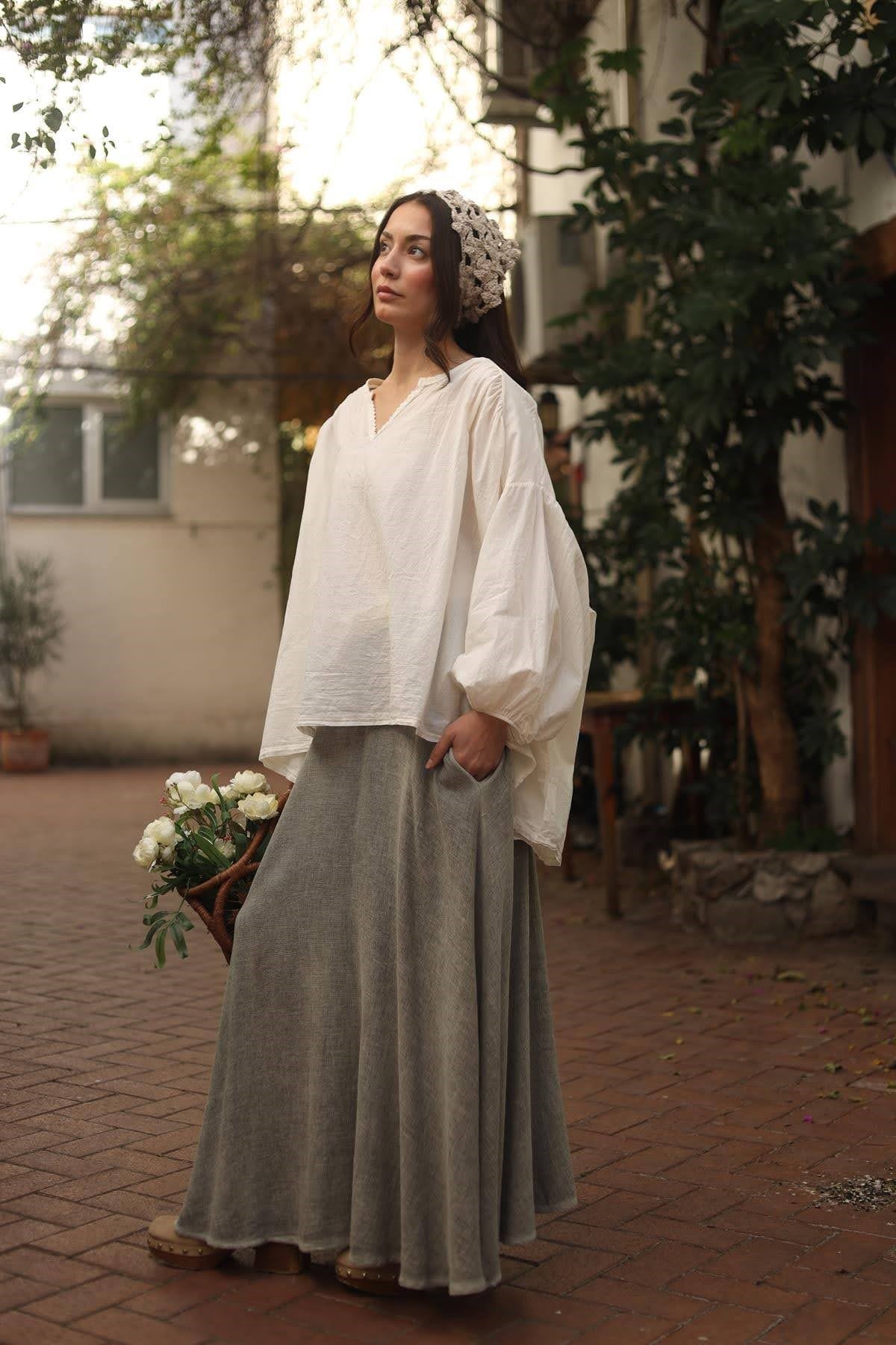 Haki Beli Lastikli Cepli Keten Etek