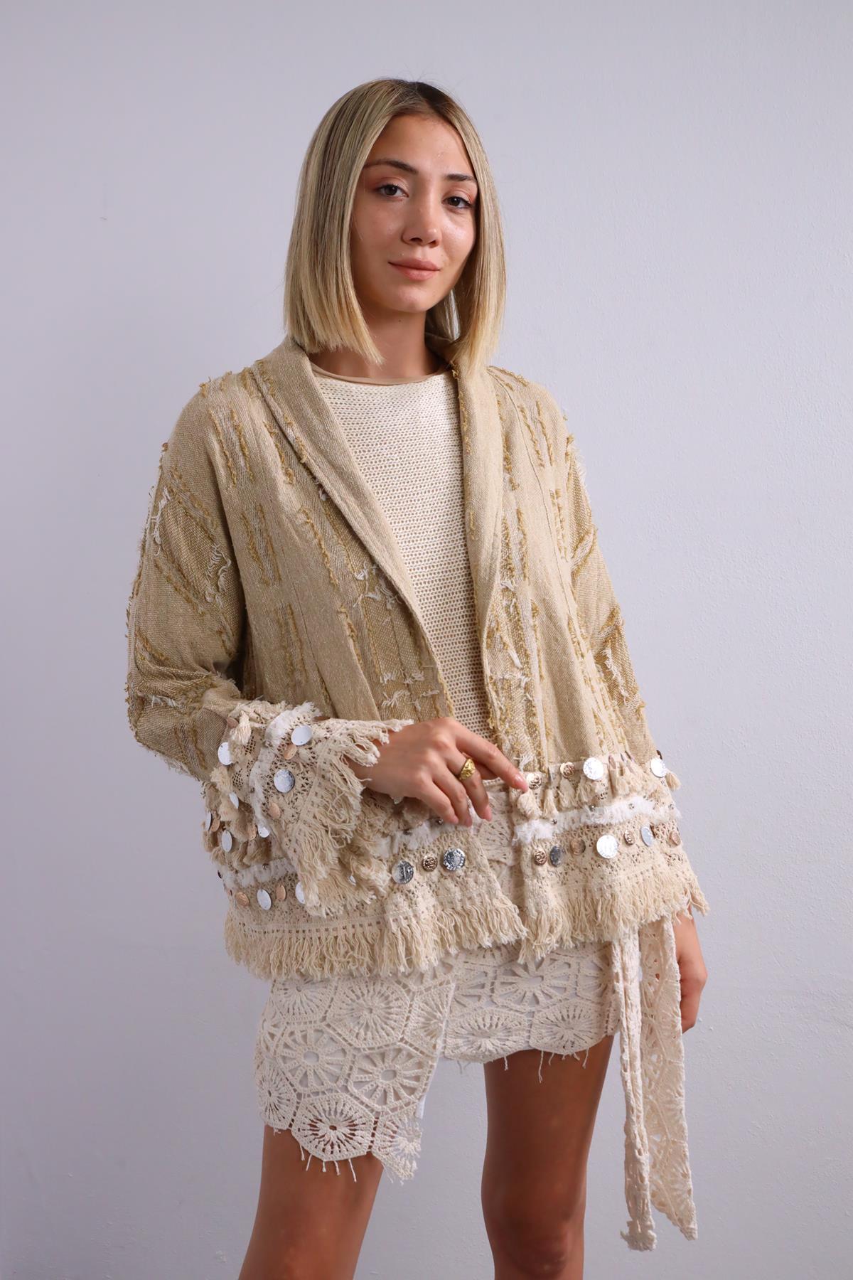 Camel Rengi Saçaklı Kısa Etnik Ceket  - Şaman Butik Camel Rengi Saçaklı Kısa Etnik Ceket