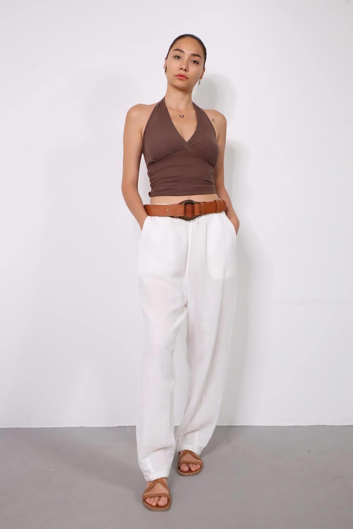 Beyaz Paçası Pileli Müslin Pantolon - Şaman Butik Beyaz Paçası Pileli Müslin Pantolon