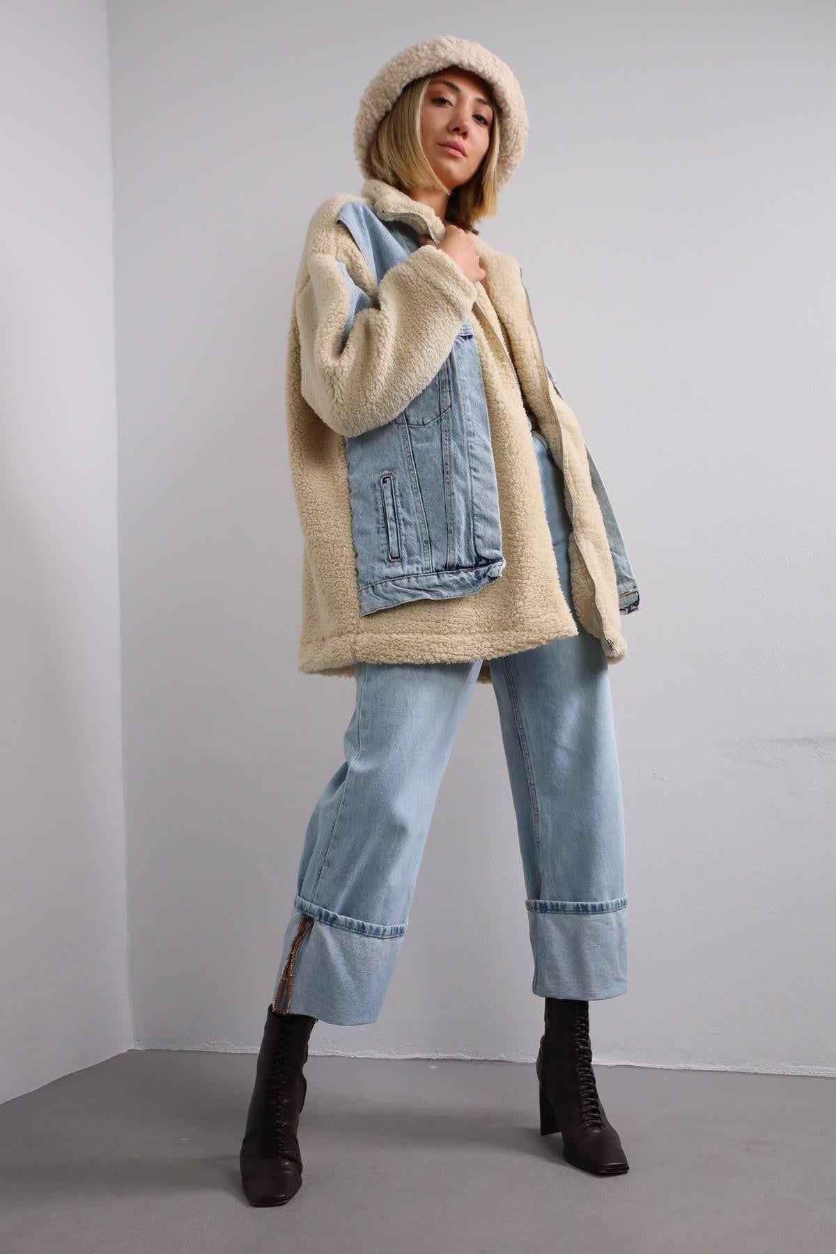 Krem Rengi Jean Detaylı Ceket - Şaman Butik Krem Rengi Jean Detaylı Ceket