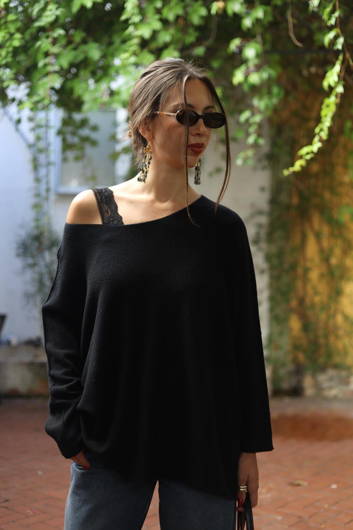 Siyah Bisiklet Yaka Dikişsiz Kazak