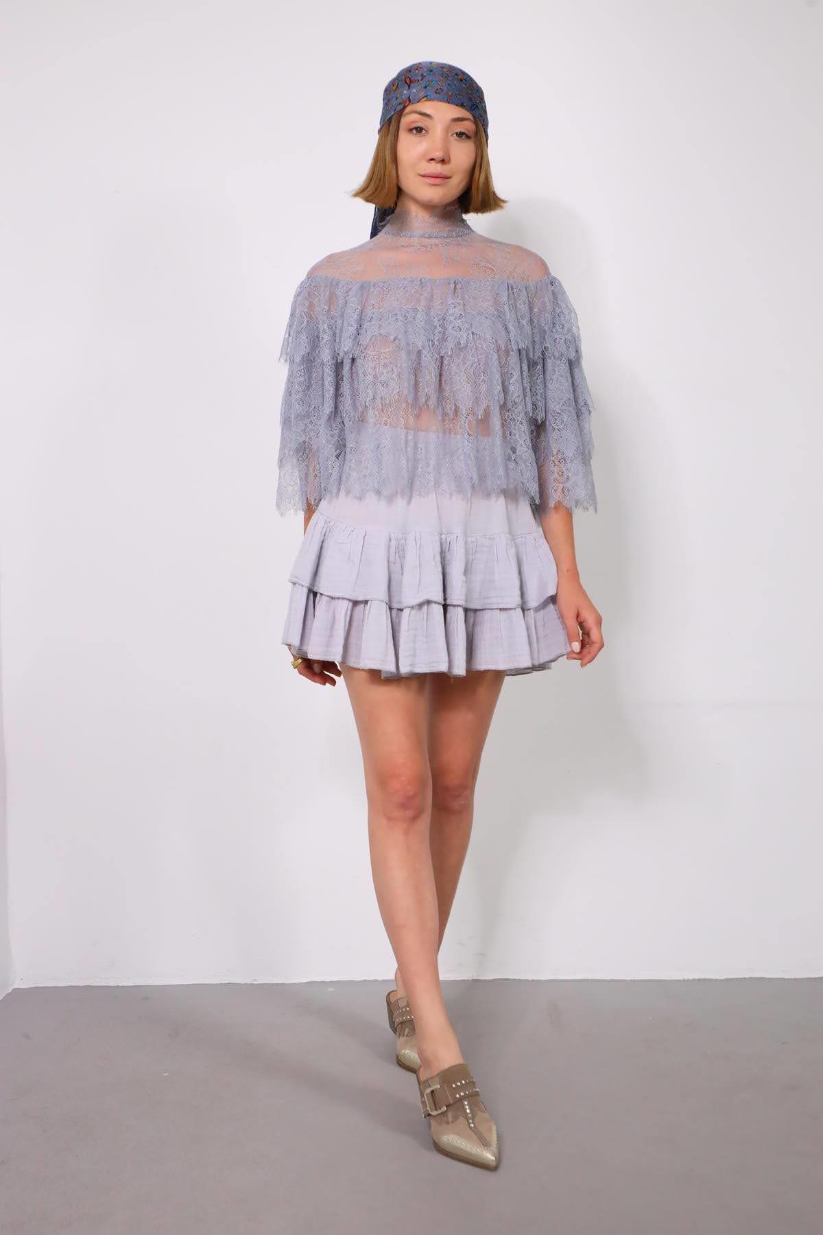 Gri Güpürlü Otantik Kat Kat Tül Bluz - Şaman Butik Gri Güpürlü Otantik Kat Kat Tül Bluz