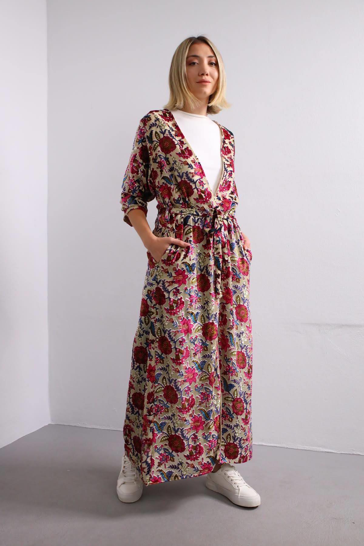 Krem Rengi Kadife İşlemeli Şifon Kaftan - Şaman Butik Krem Rengi Kadife İşlemeli Şifon Kaftan