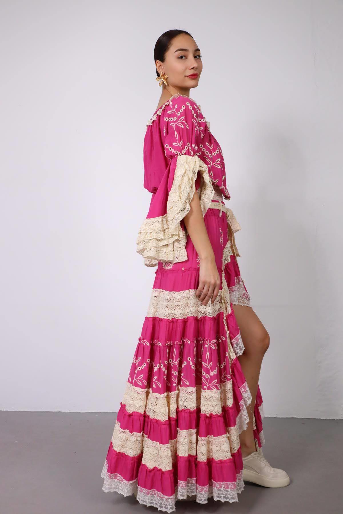 Pink Lace Strapless Blouse and Skirt Set - Saman Butik | Shop Online Pink Lace Strapless Blouse and Skirt Set