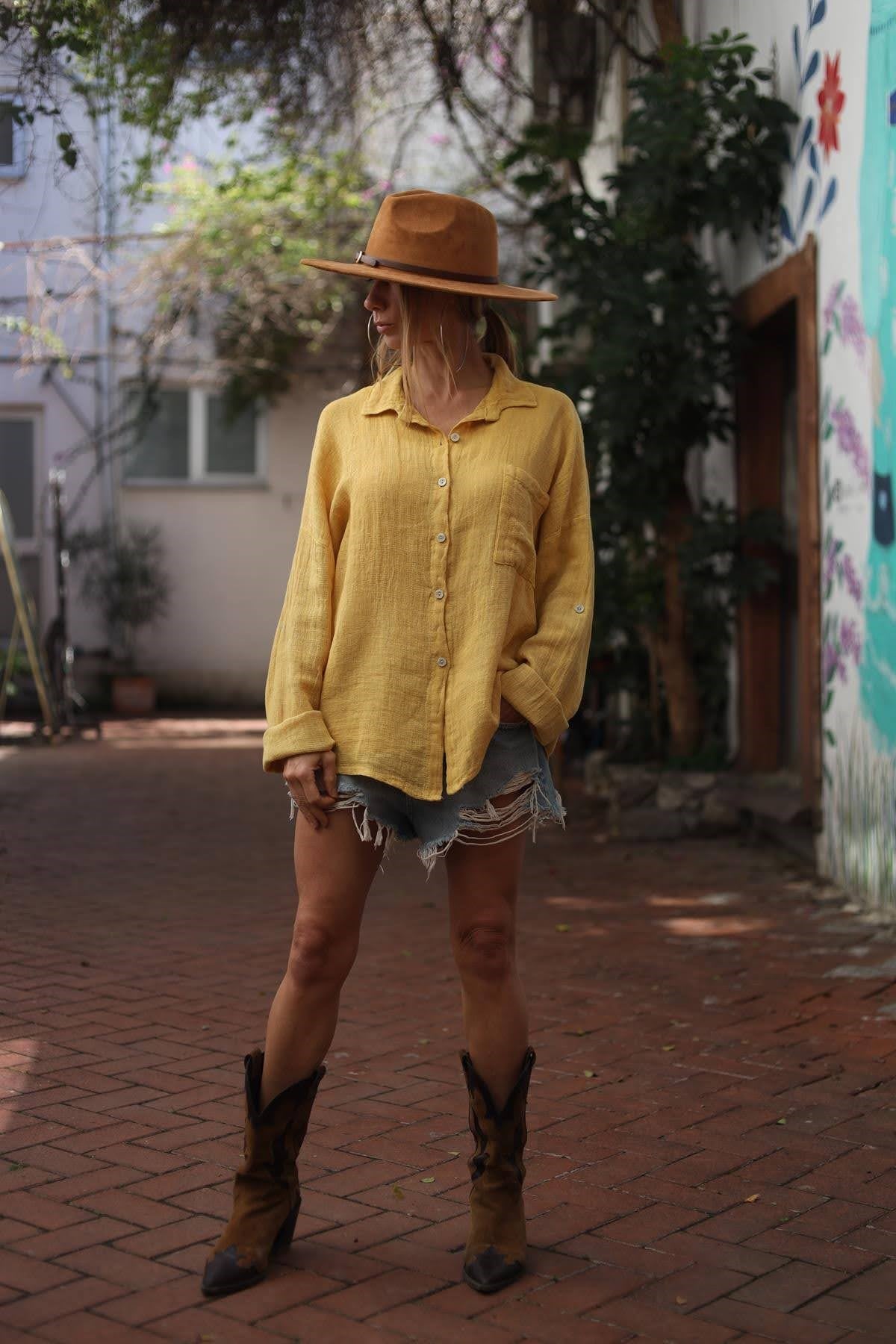 Hardal Rengi Tek Cepli Soft Keten Gömlek