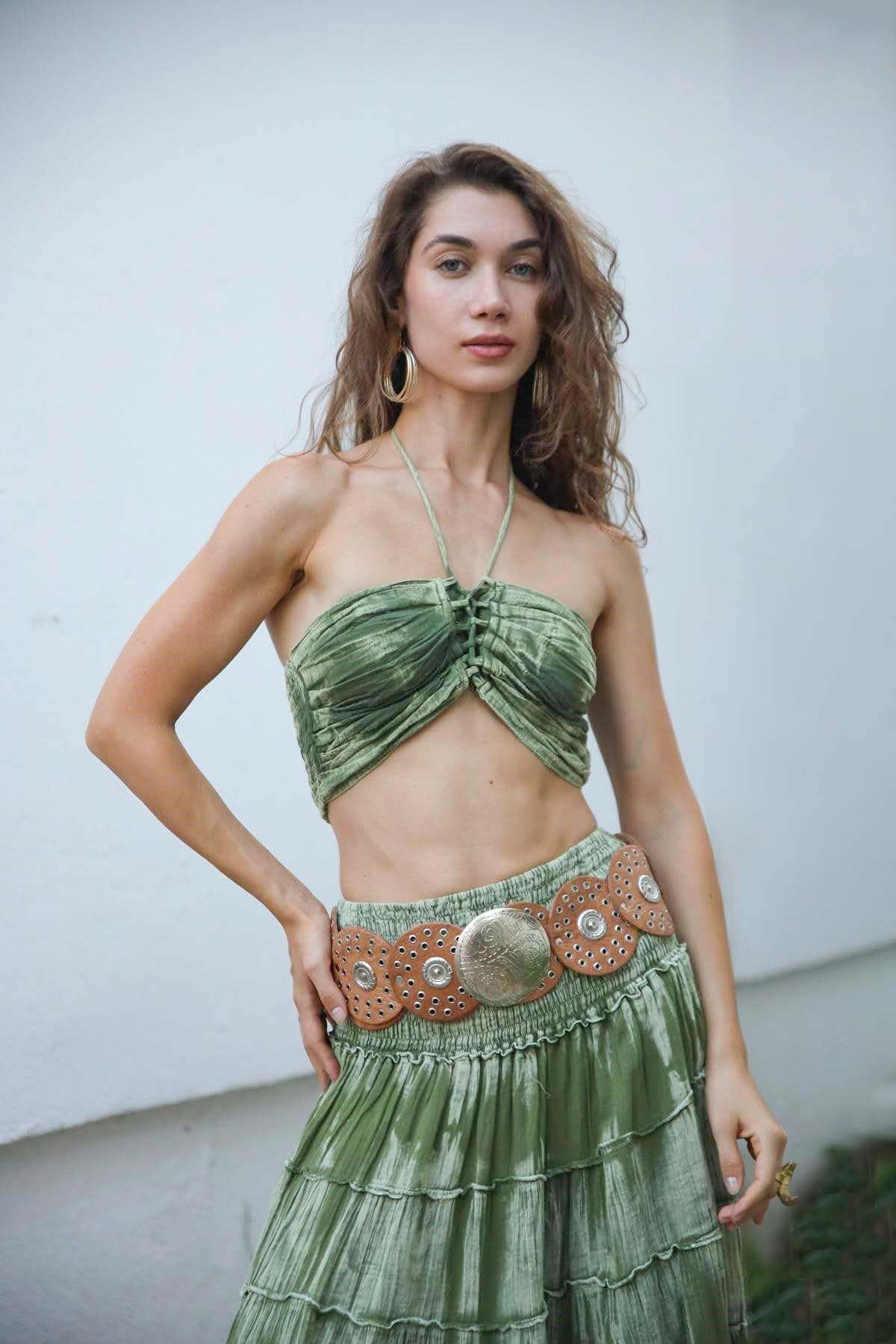 Haki Taşlanmış Gipeli Crop Bluz