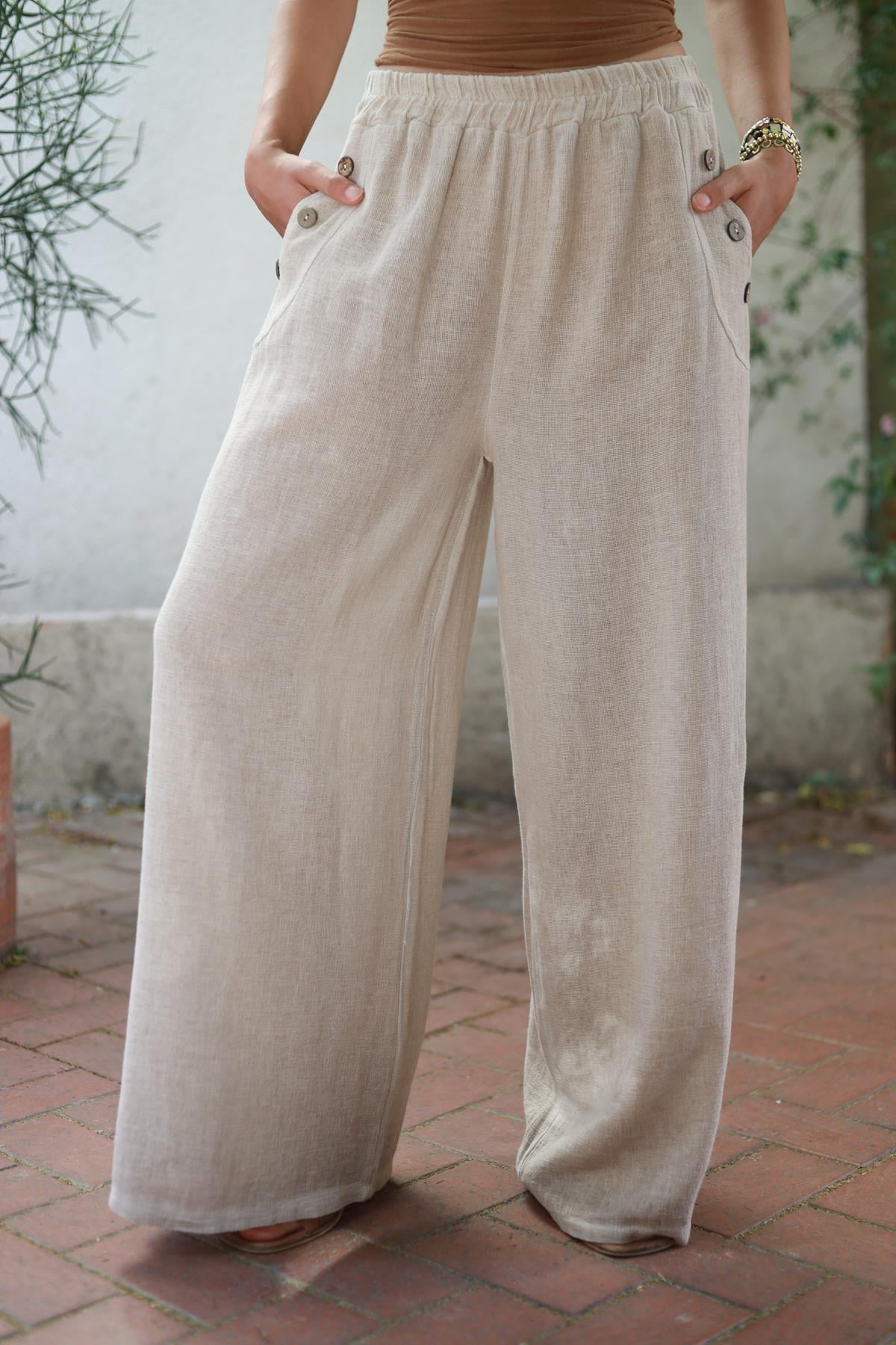 Krem Rengi Cebi Düğmeli Soft Keten Pantolon