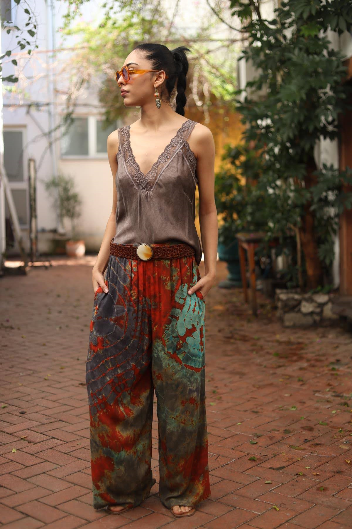 Kiremit Rengi Beli Lastikli Batikli Pantolon