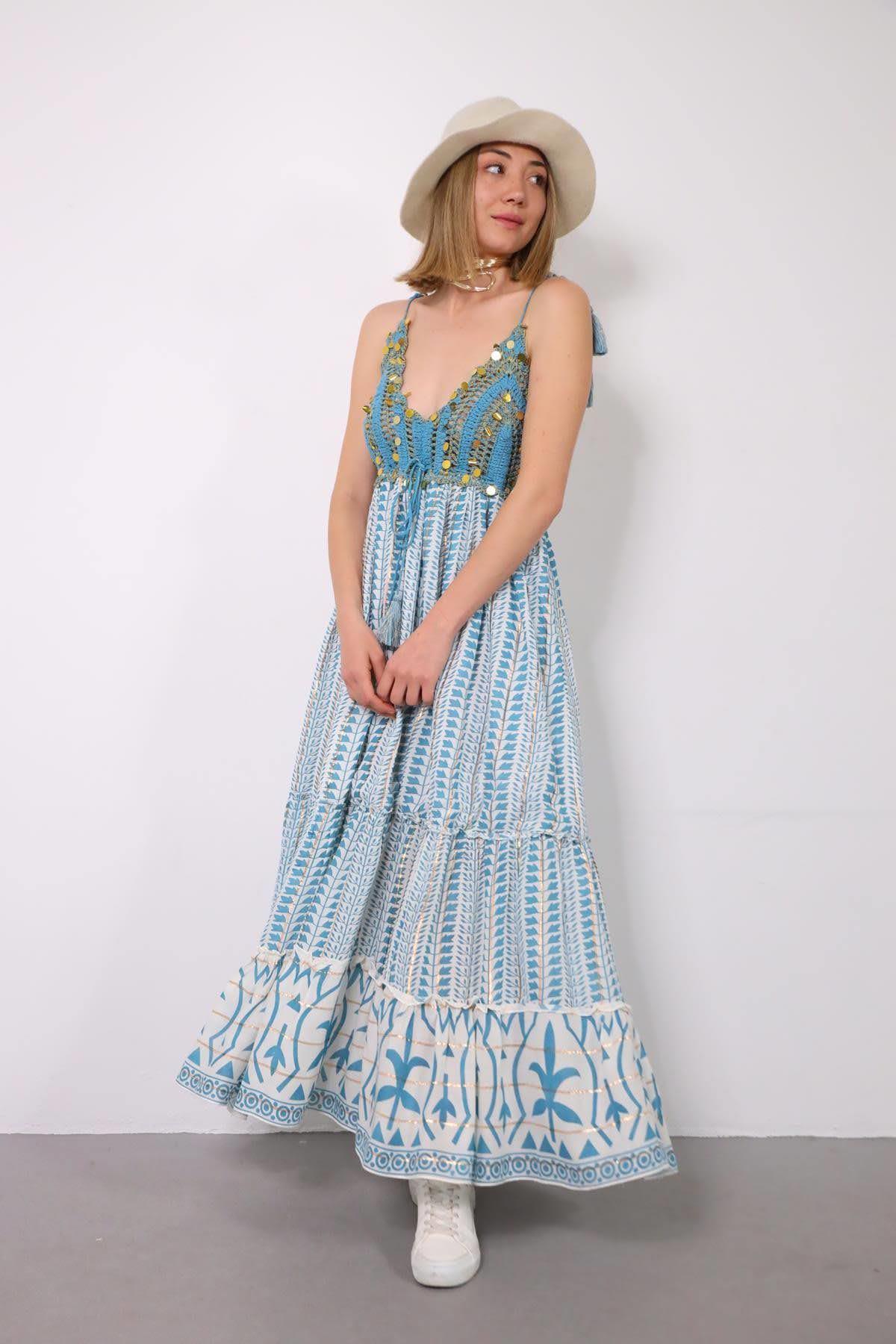 Açık Mavi Örgü V Yaka Sırtı Gipeli Askılı Elbise - Şaman Butik Açık Mavi Örgü V Yaka Sırtı Gipeli Askılı Elbise