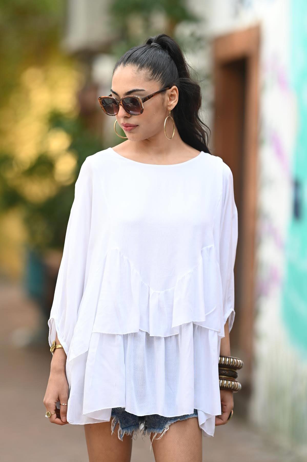 White Stitch Detailed Layered Flounce Blouse