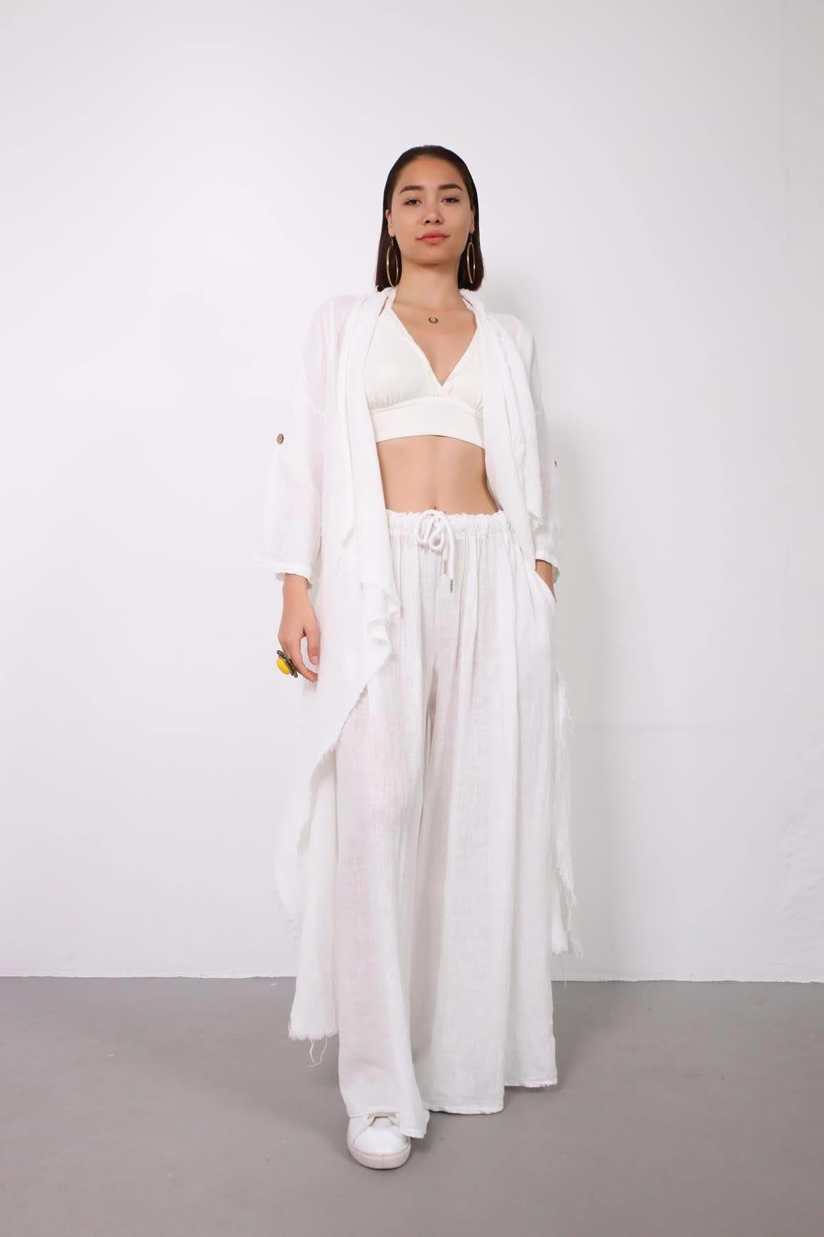 Beyaz Saçaklı Kolu Apoletli Keten Kaftan - Şaman Butik Beyaz Saçaklı Kolu Apoletli Keten Kaftan