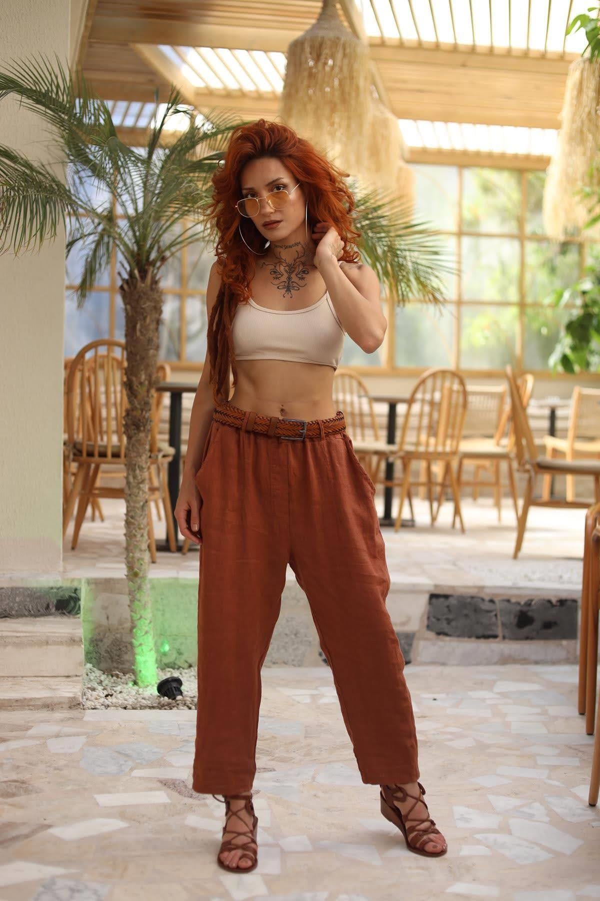 Tarçın Rengi Keten Judith Pantolon