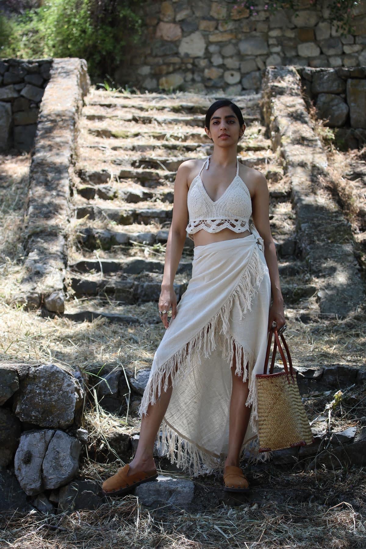 Krem Rengi Püsküllü Anvelop Etek