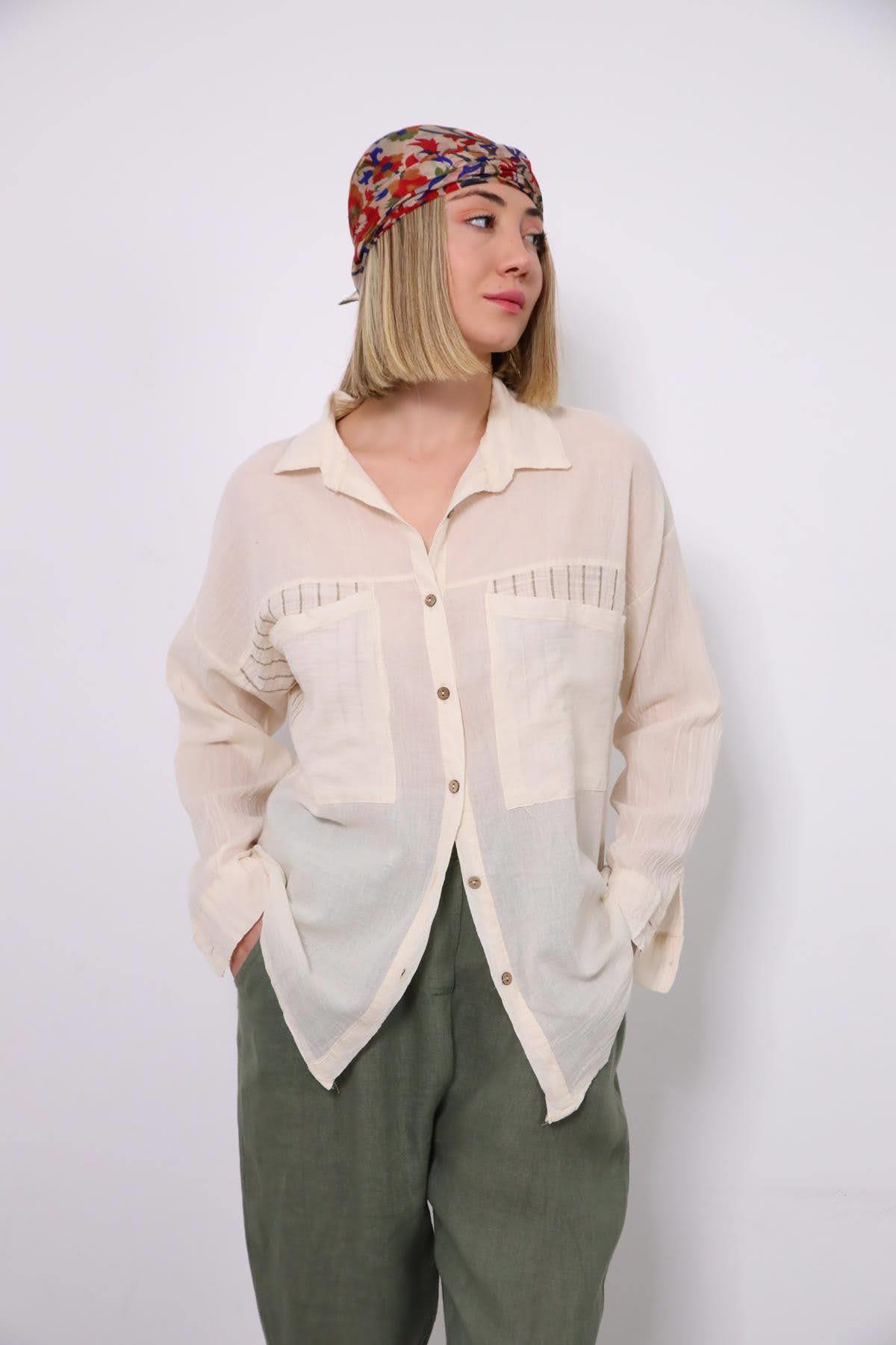 Haki Çizgili Yakalı Gömlek - Şaman Butik Haki Çizgili Yakalı Gömlek