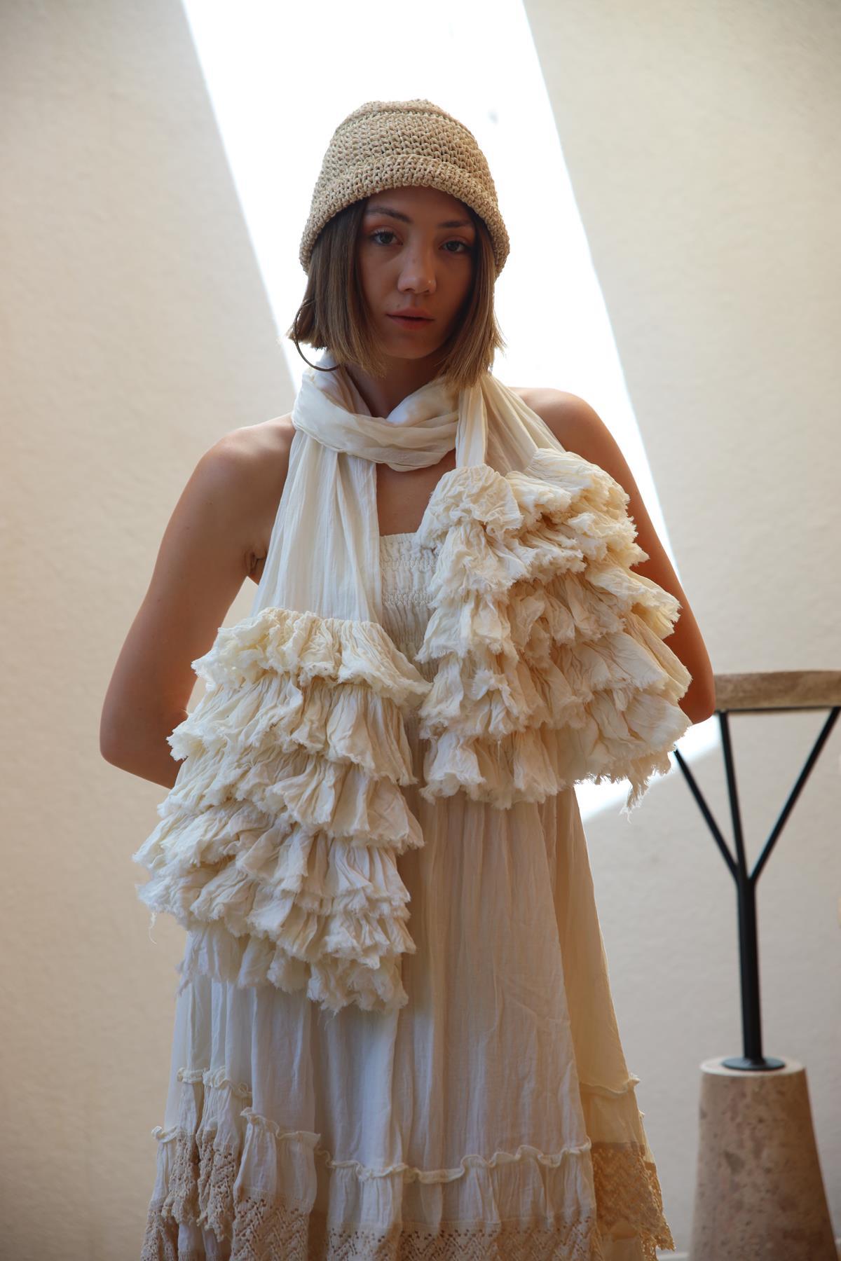 Ekru Volanlı Bohem Şal - Şaman Butik Ekru Volanlı Bohem Şal