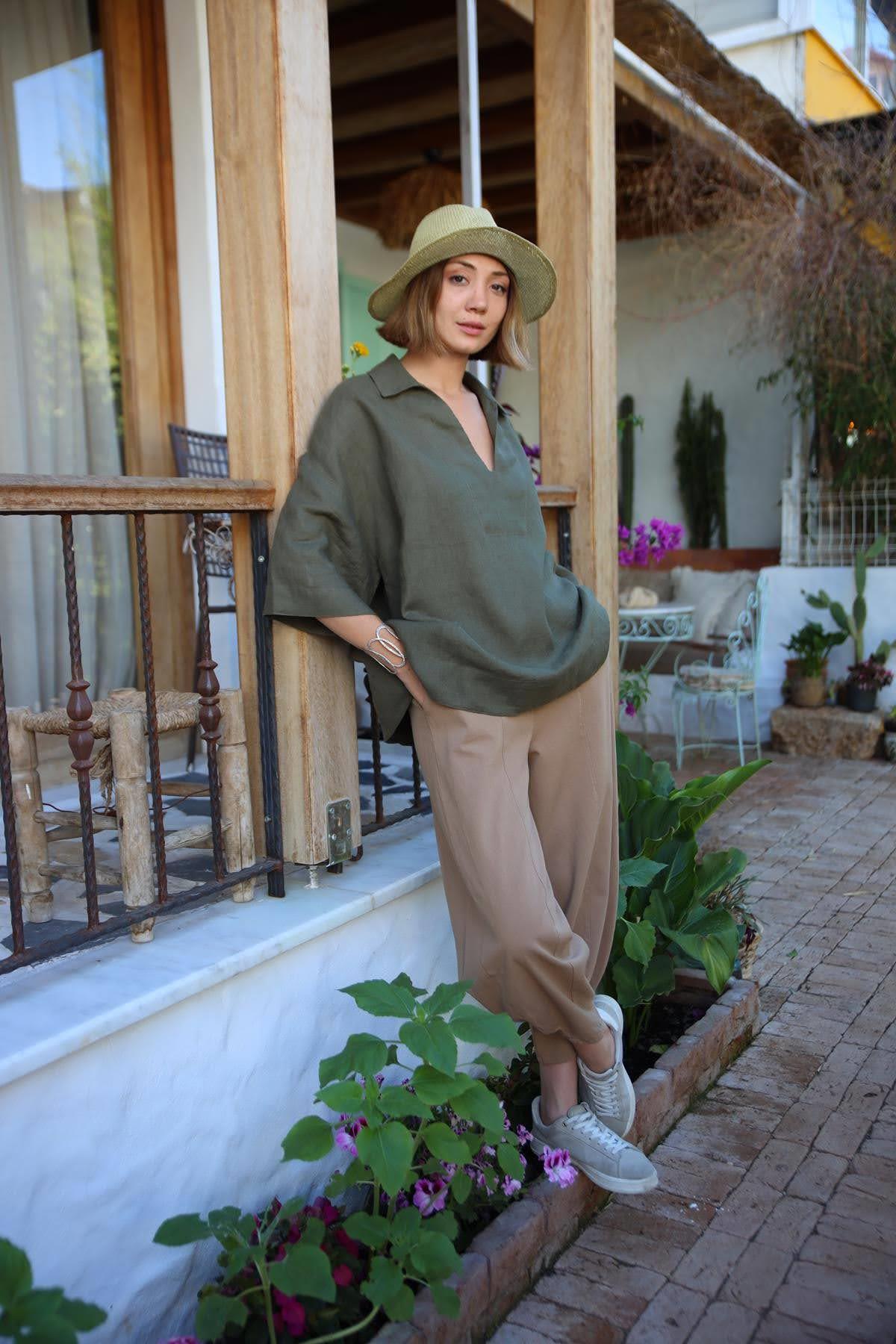  Haki Gömlek Yaka Keten Bluz