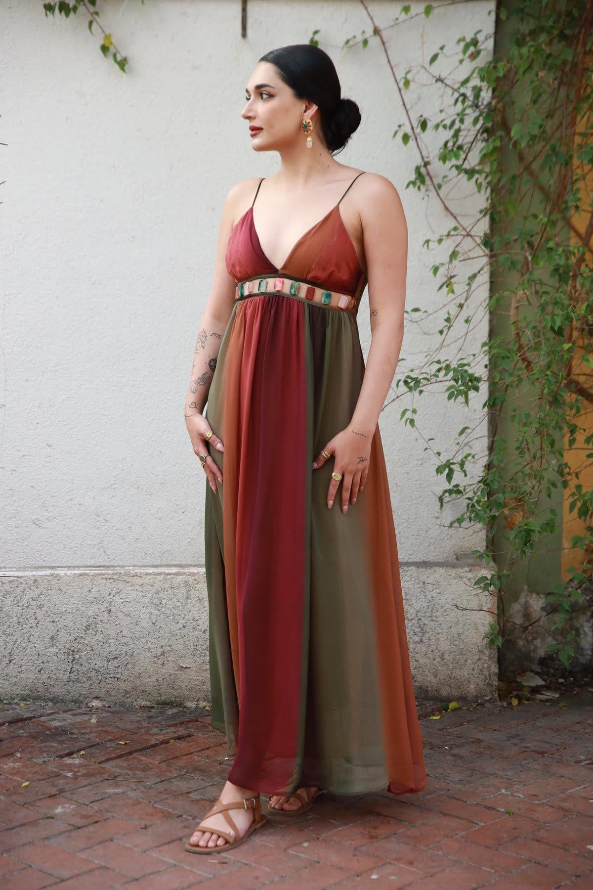 Burgundy Colored Stone Detailed Chiffon Dress