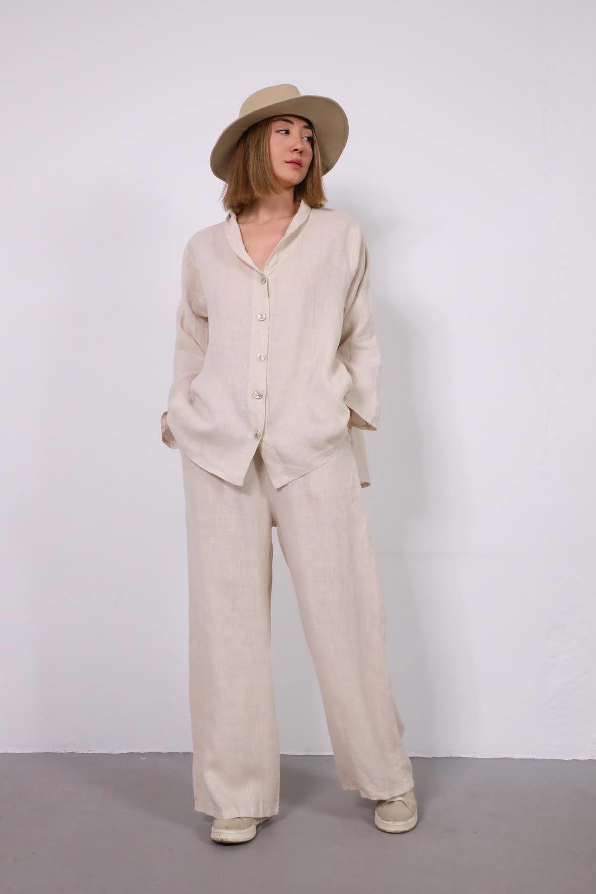  Krem Rengi Cep Detaylı Gömlek Pantolon Keten Takım