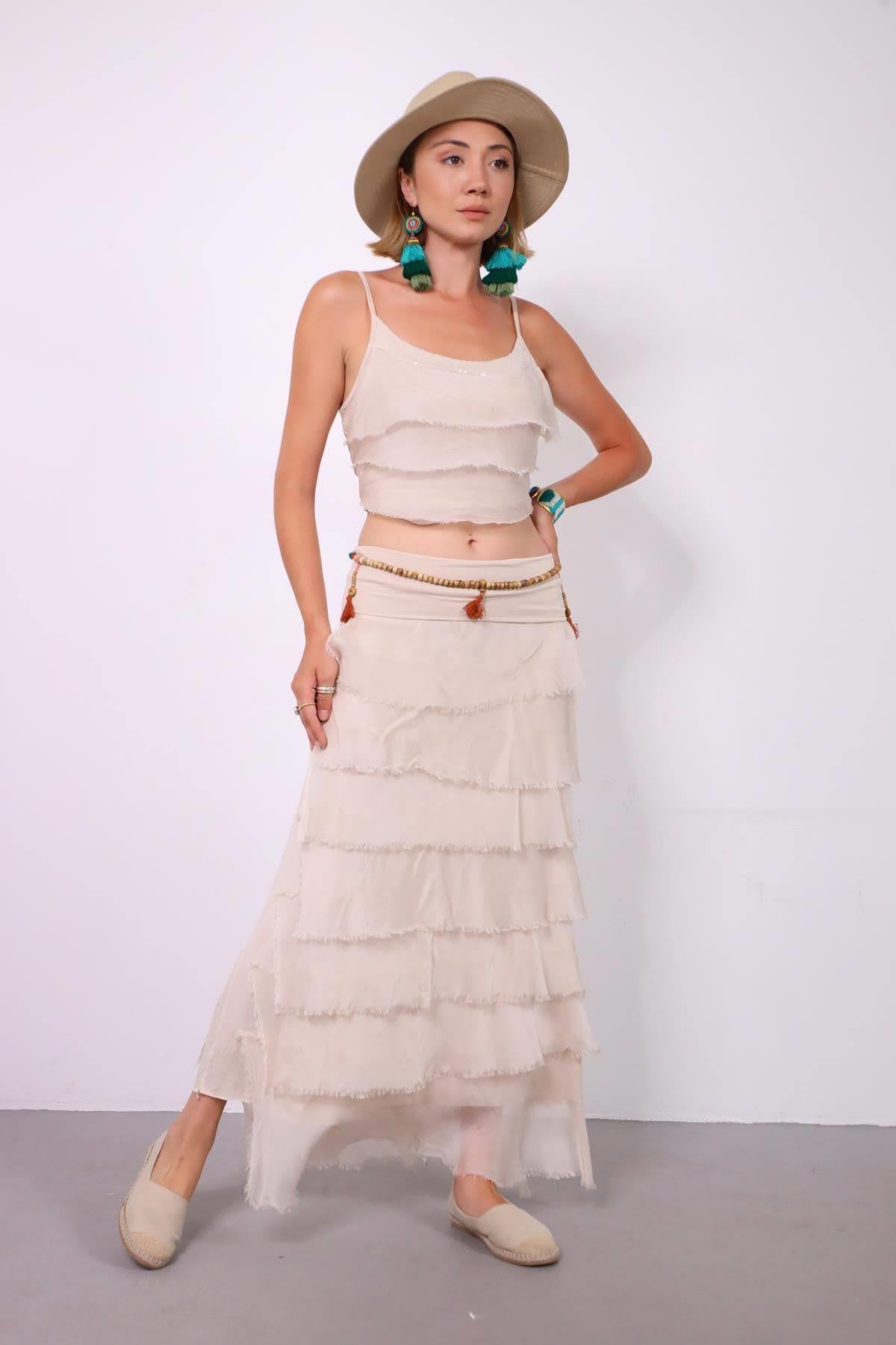 Krem Rengi Kat Kat İpek Etek - Şaman Butik Krem Rengi Kat Kat İpek Etek