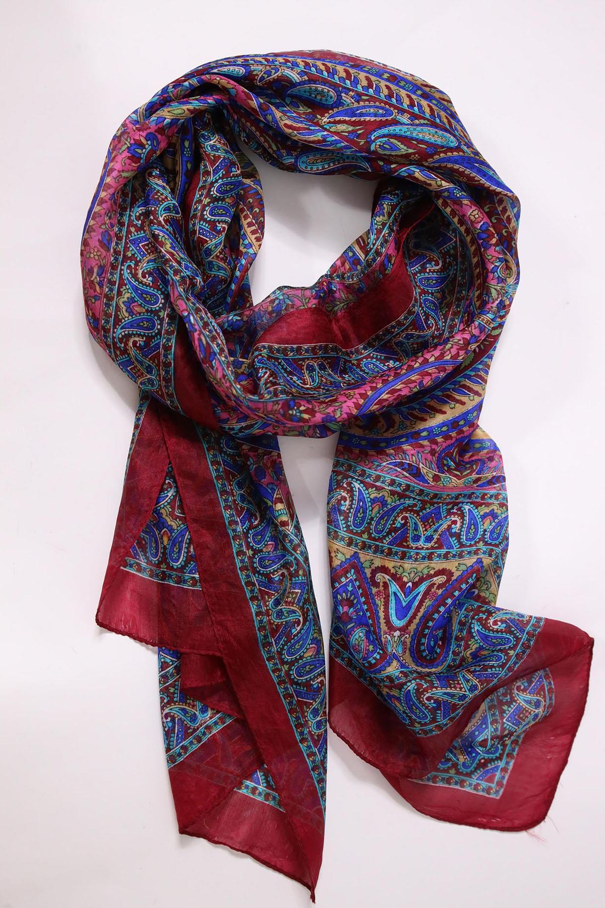  Bordo Desenli İpek Şal