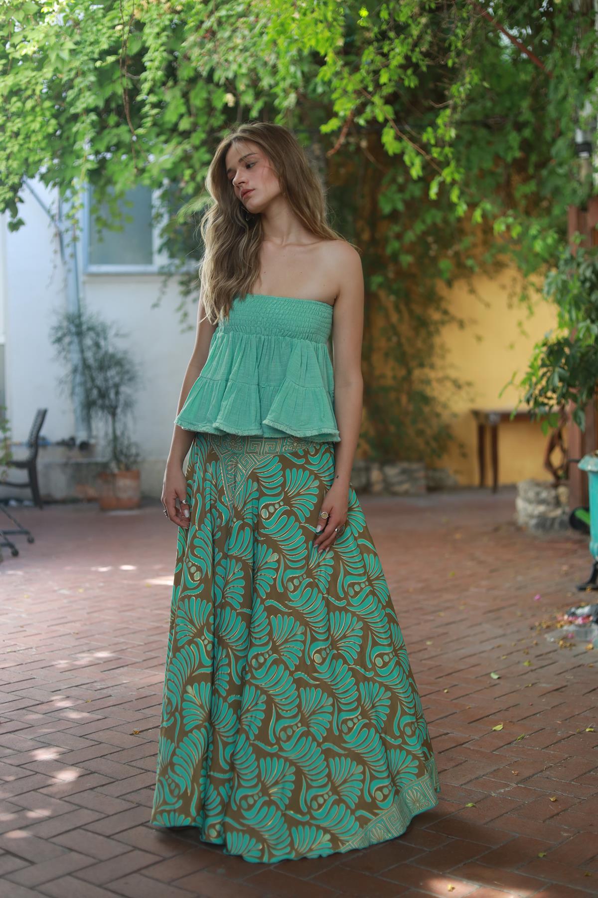 Mint Yeşili Desenli İpek Pantolon Etek