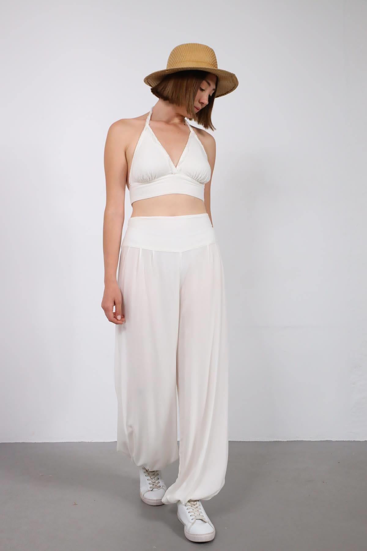 White Elastic Waist Comfy Trousers - Saman Butik | Shop Online White Elastic Waist Comfy Trousers