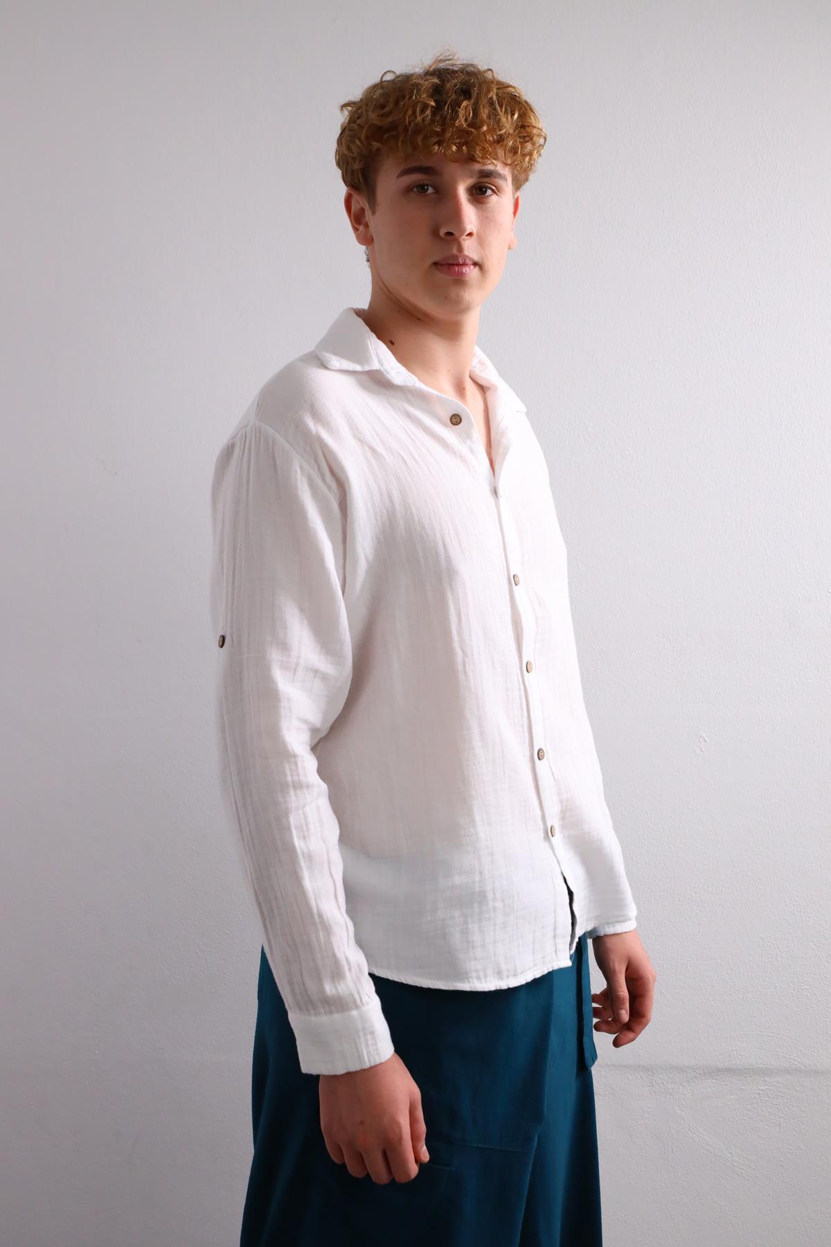  Beyaz Kolları Apoletli Müslin Gömlek