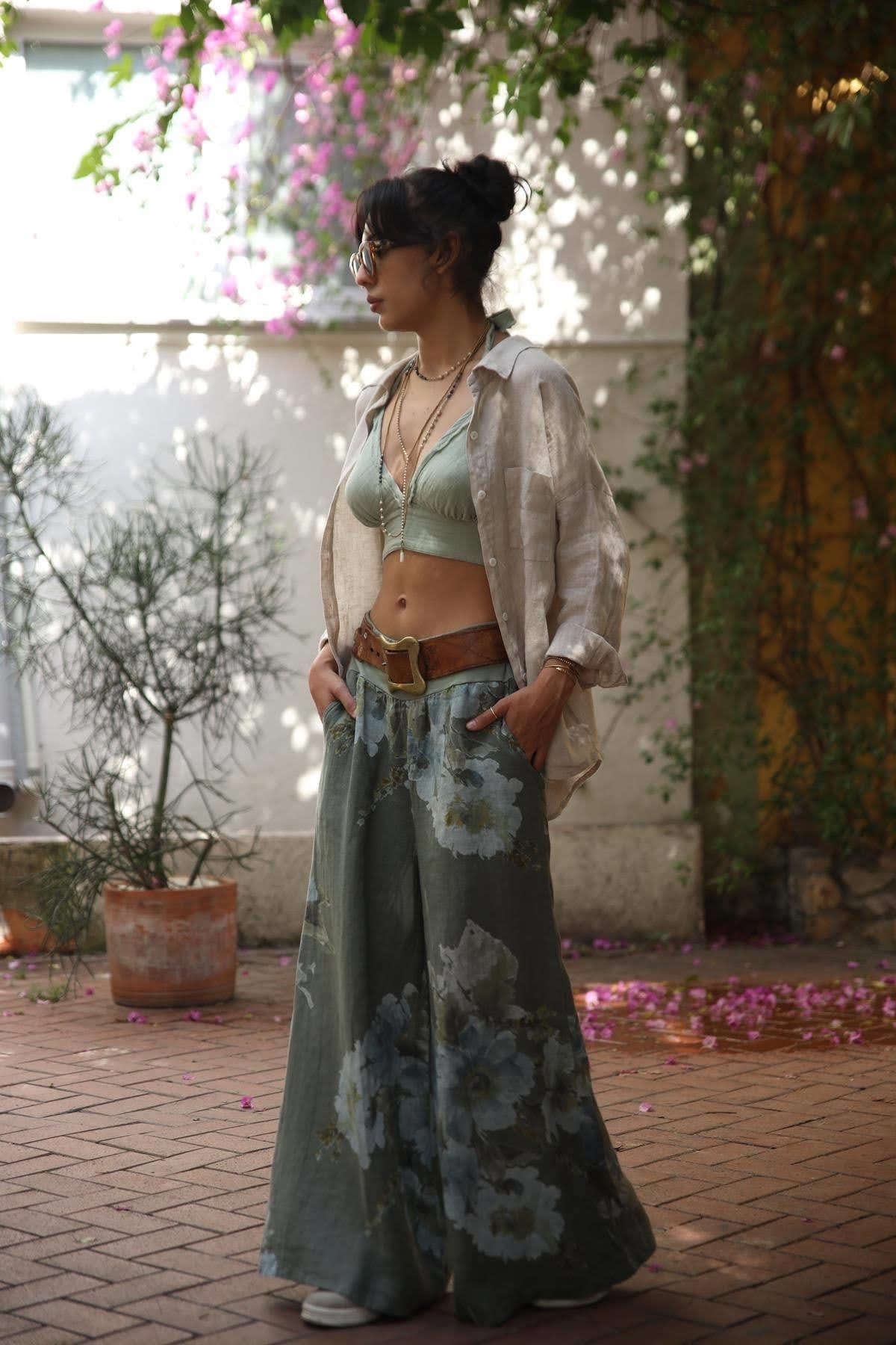 Haki Çiçek Desenli Beli Lastikli Asena Pantolon