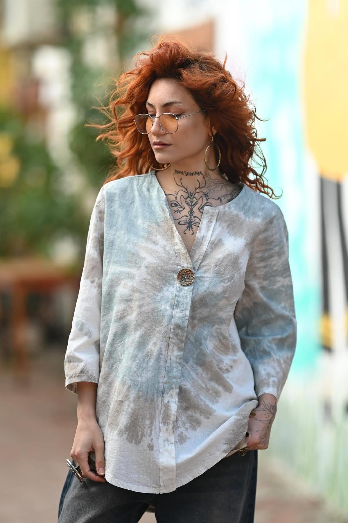 Cream Tie Dye Patterned Single Button Linen Blouse