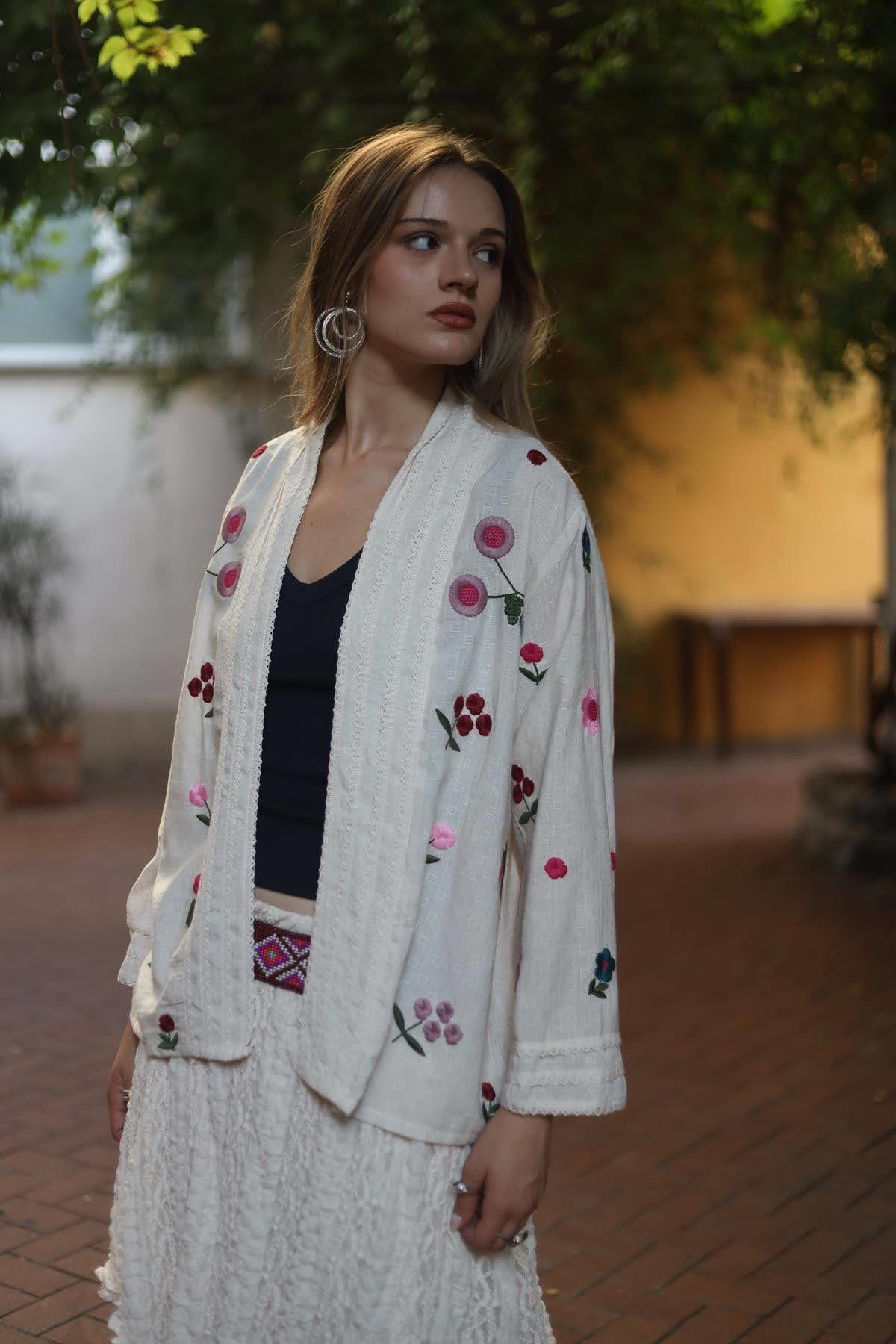 Cream Color Short Embroidered Caftan