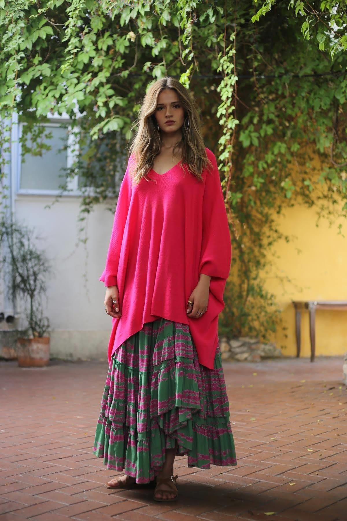 Fushia V-Neck Poncho Knitwear