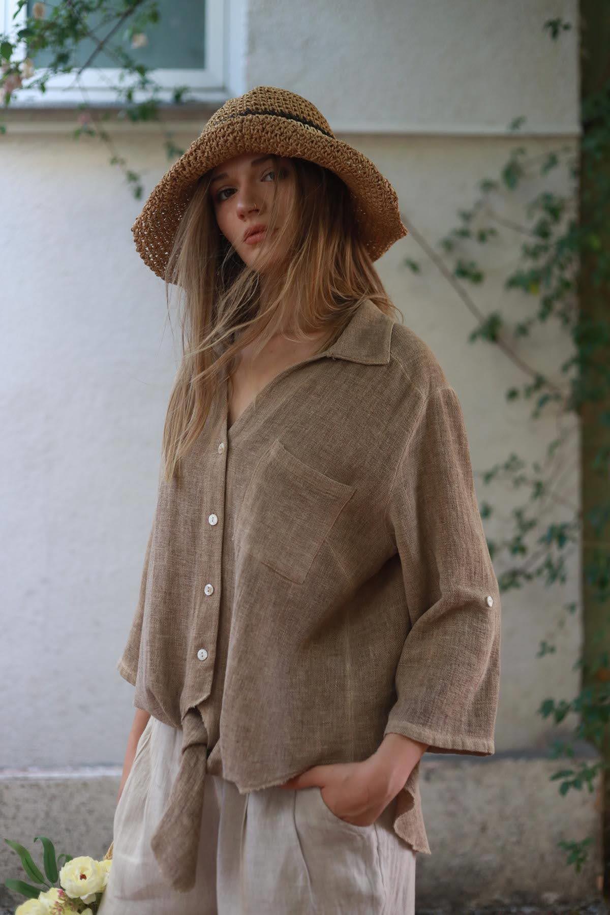 Camel Pocket Detailed Linen Shirt