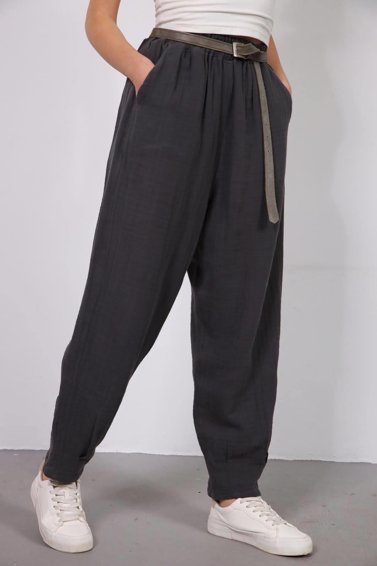 Antrasit Paçası Pileli Müslin Pantolon - Şaman Butik Antrasit Paçası Pileli Müslin Pantolon