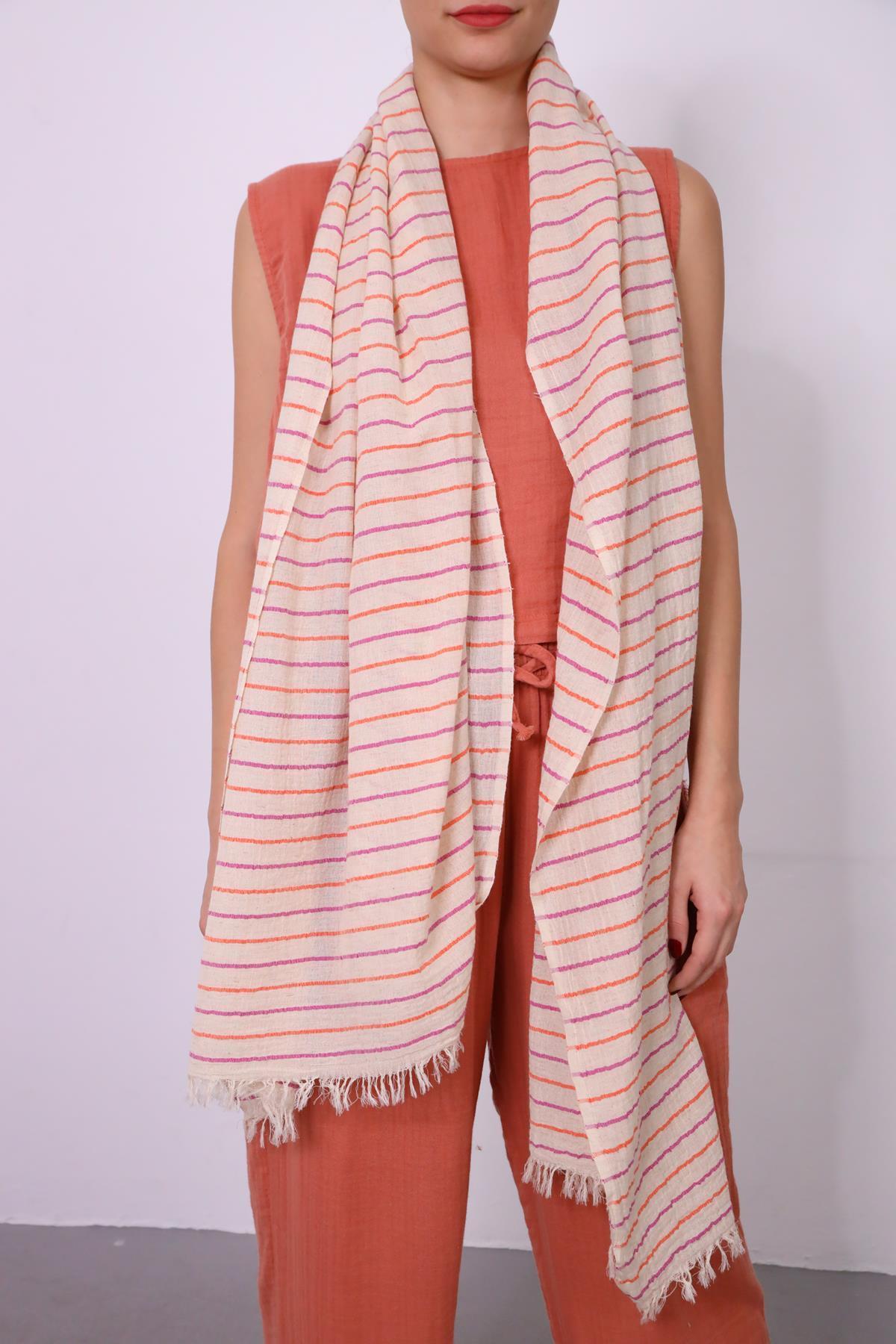 Turuncu ve Fuşya Çizgili Keten Diba Şal Turuncu ve Fuşya Çizgili Keten Diba Şal