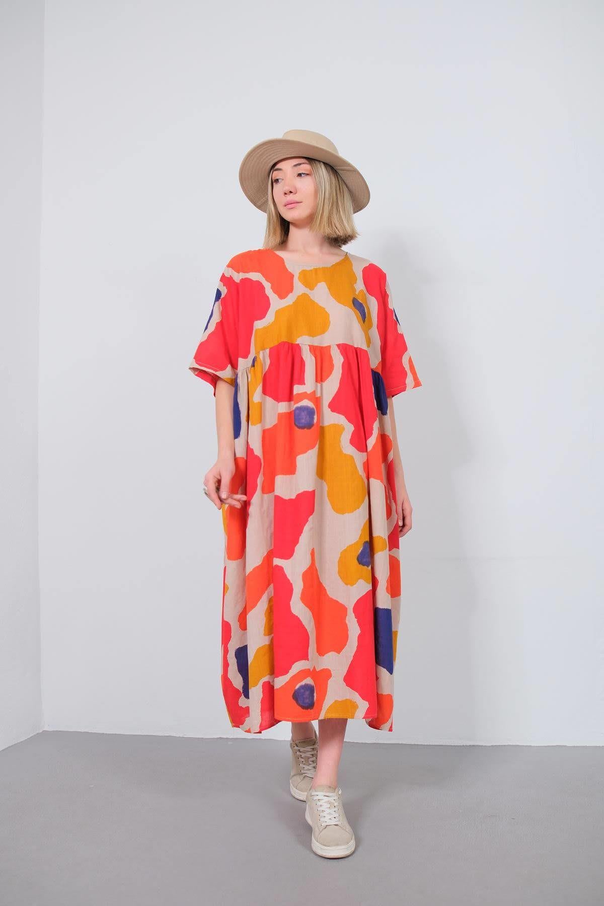 Bej Bisiklet Yaka Desenli Otantik Elbise - Şaman Butik Bej Bisiklet Yaka Desenli Otantik Elbise