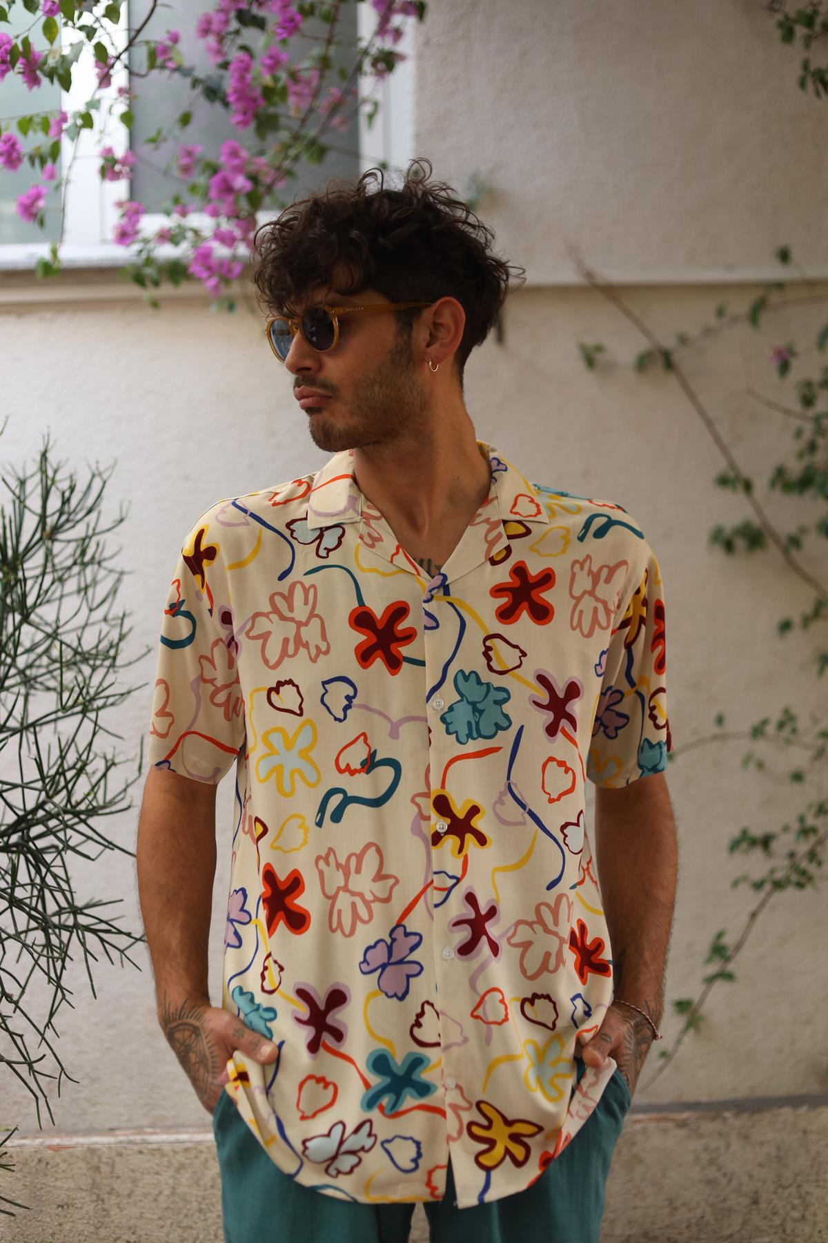 Cream Color Patterned Short Sleeve Men's Shirt