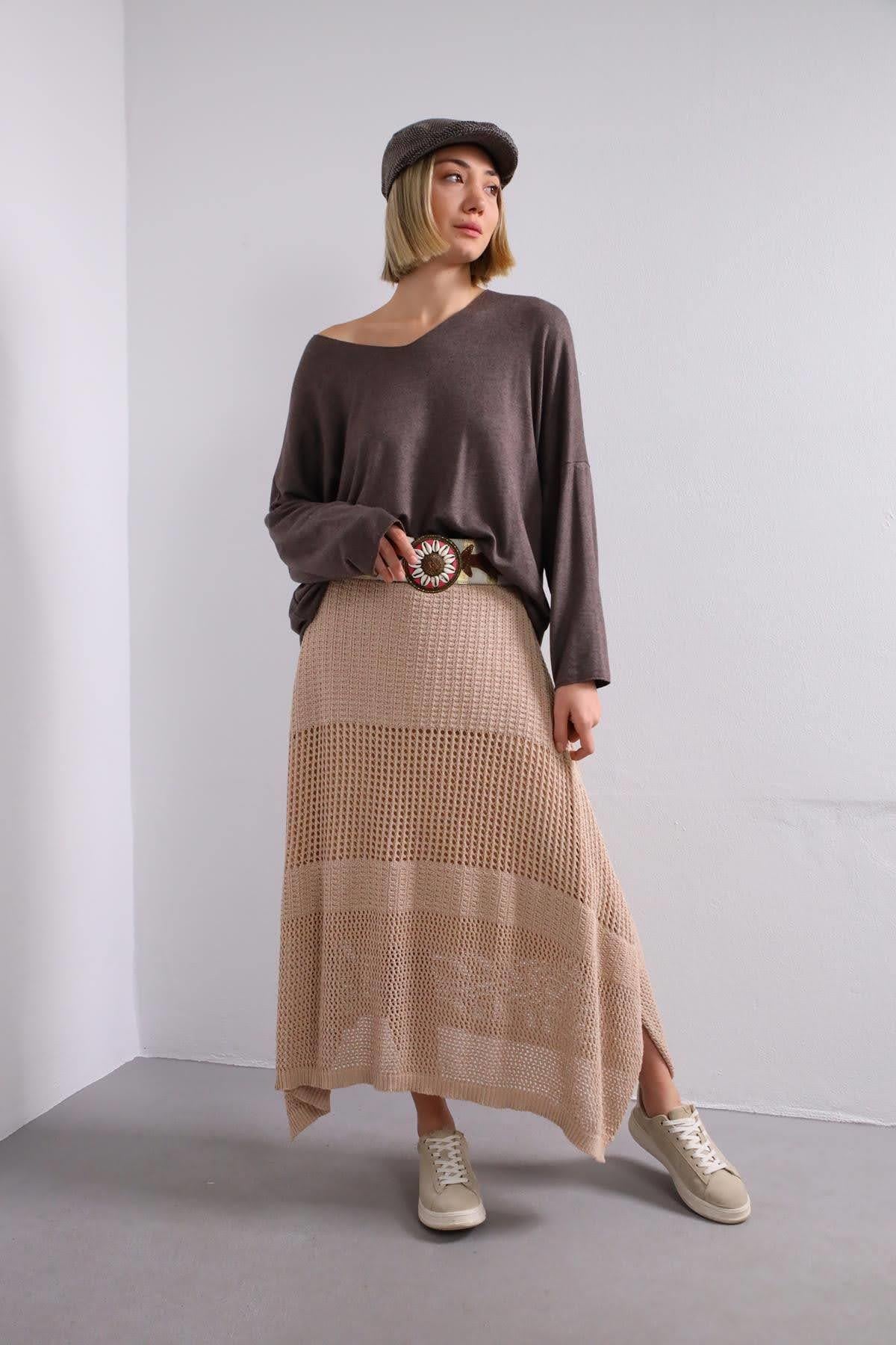 Kahverengi V Yaka Yumuşak Doku Triko Bluz - Şaman Butik Kahverengi V Yaka Yumuşak Doku Triko Bluz