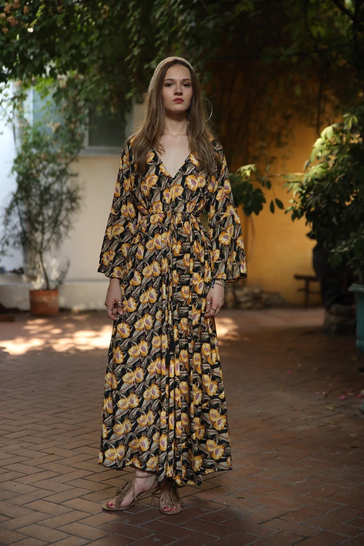 Yellow Floral Patterned Backless Silk Dress