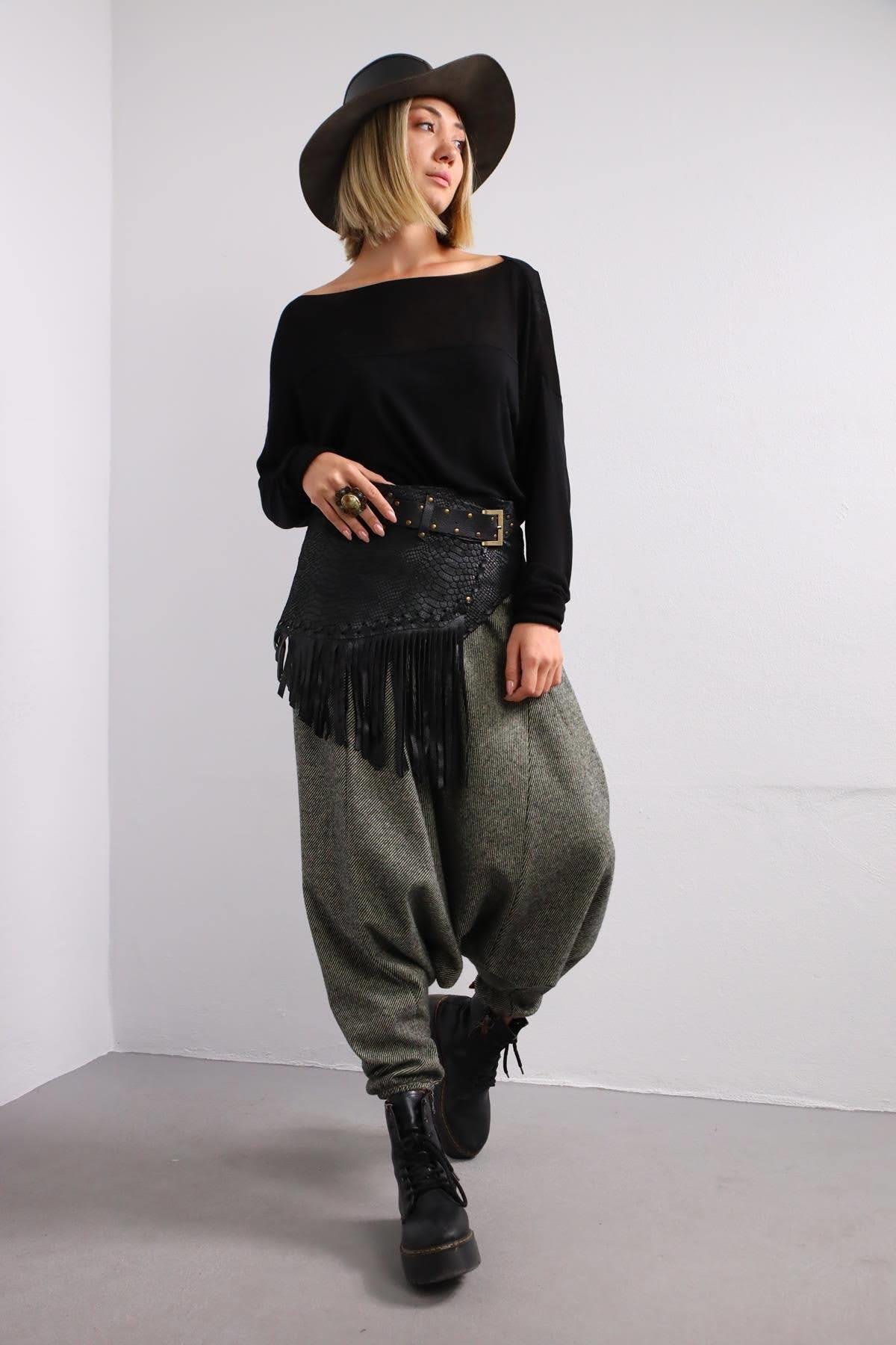  Antrasit Gipe Bel Detaylı Kışlık Şalvar Pantolon