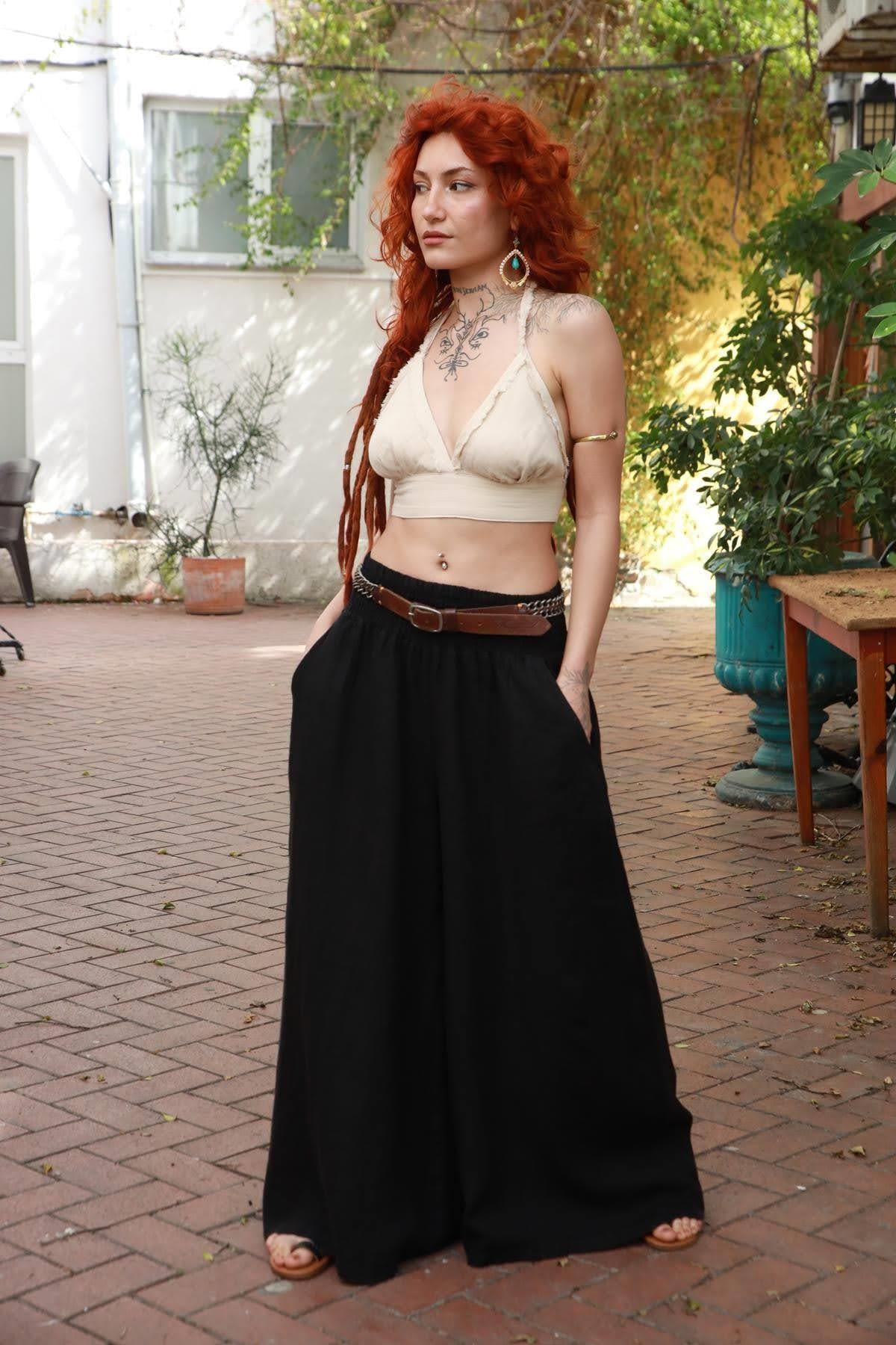 Siyah Geniş Paça Beli Gipeli Keten Pantolon