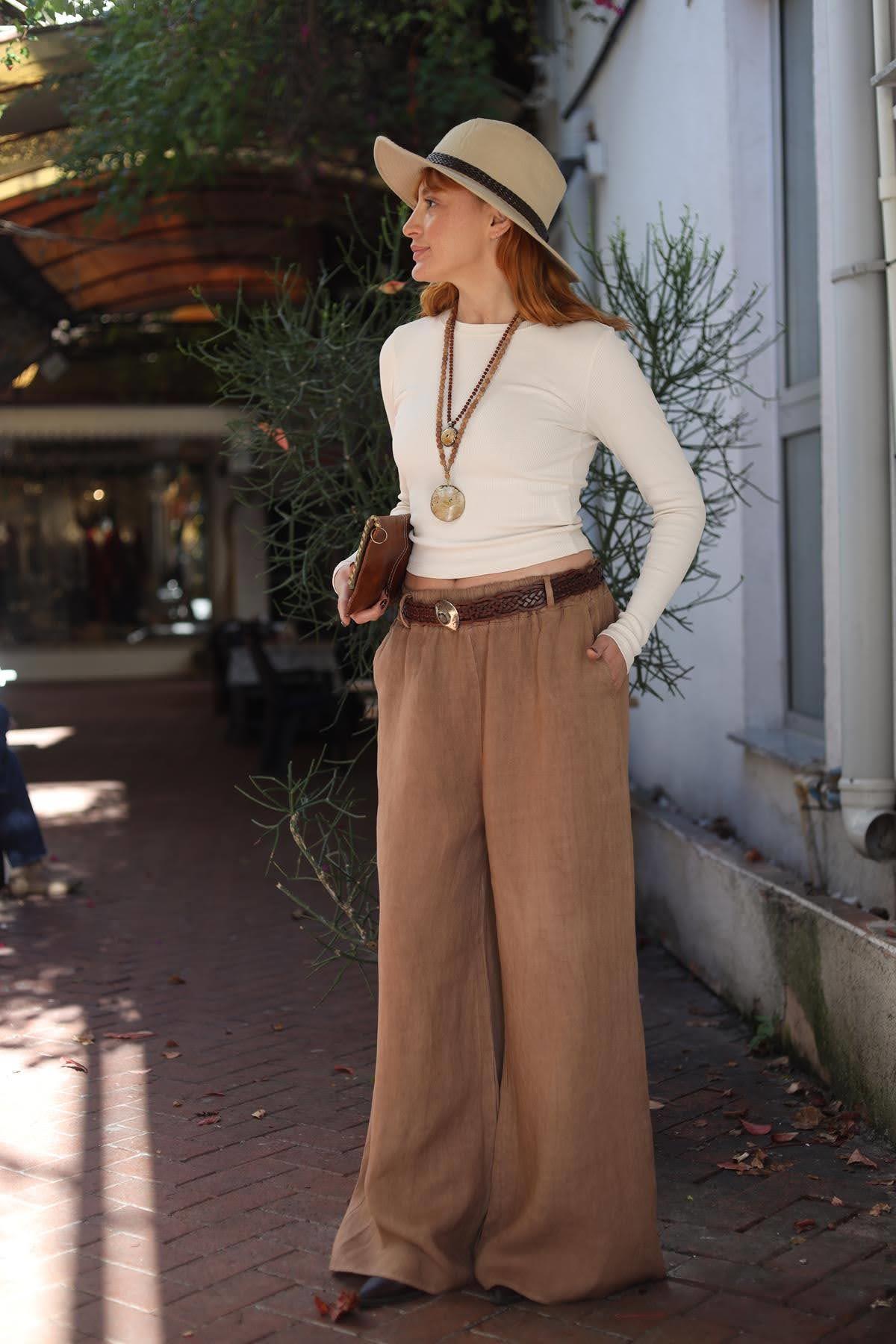 Tarçın Rengi Beli Lastikli Keten Palazzo Pantolon