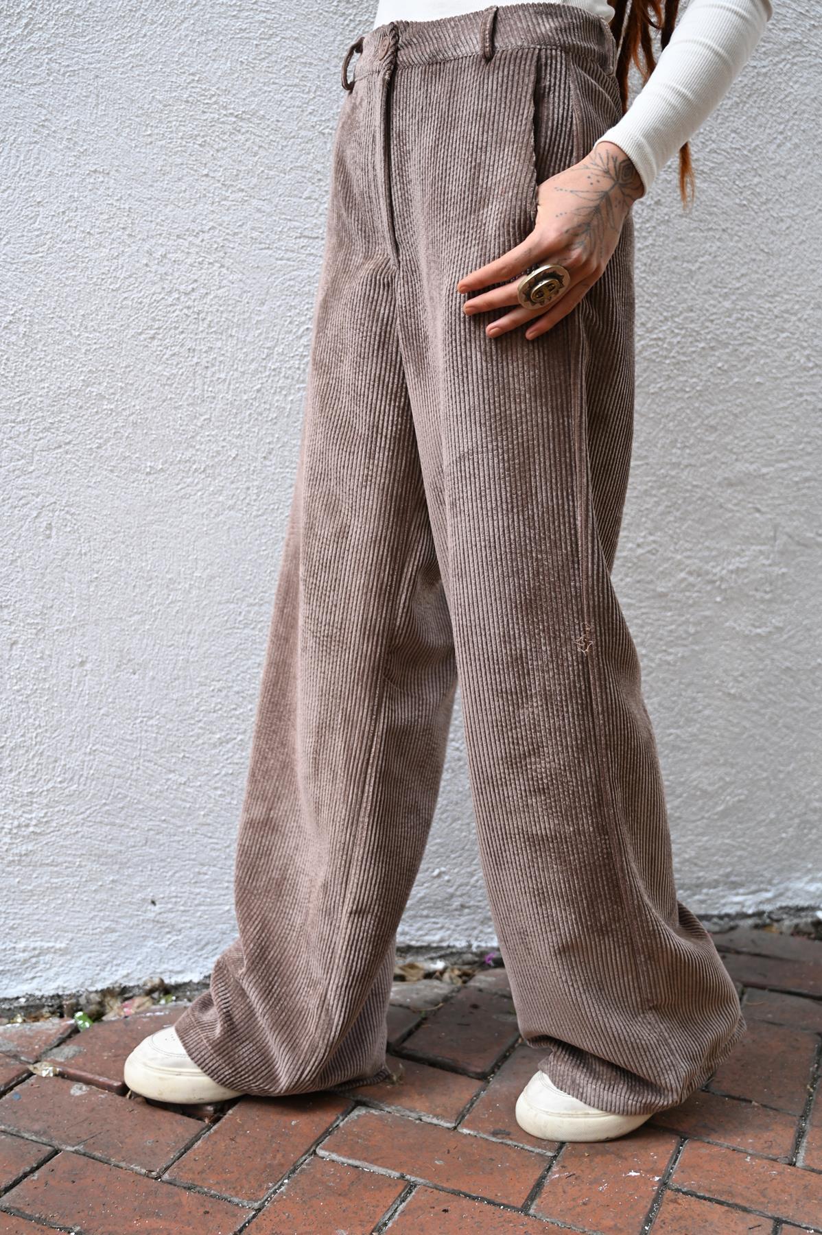 Vizon Rengi Kadife Palazzo Pantolon