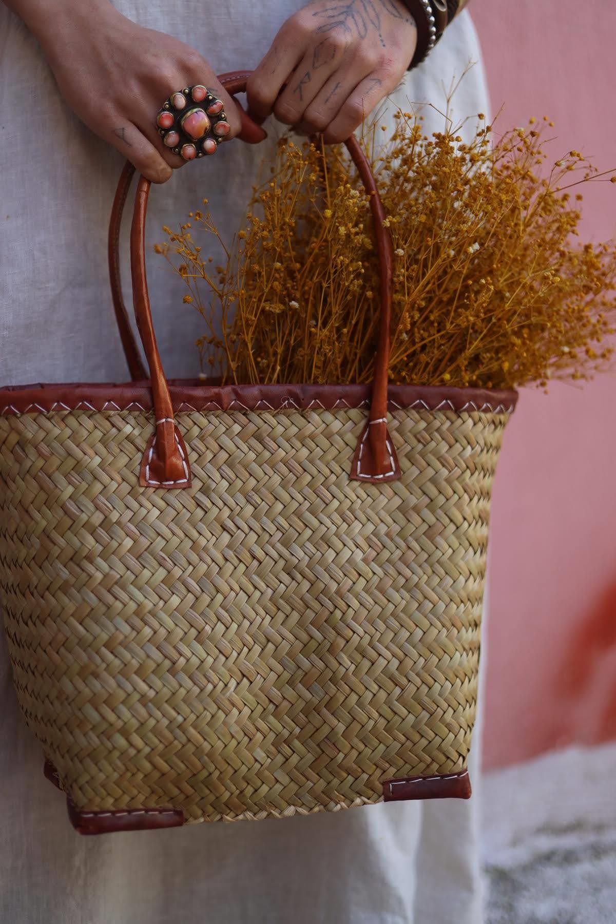 Straw Leather Handle Bag
