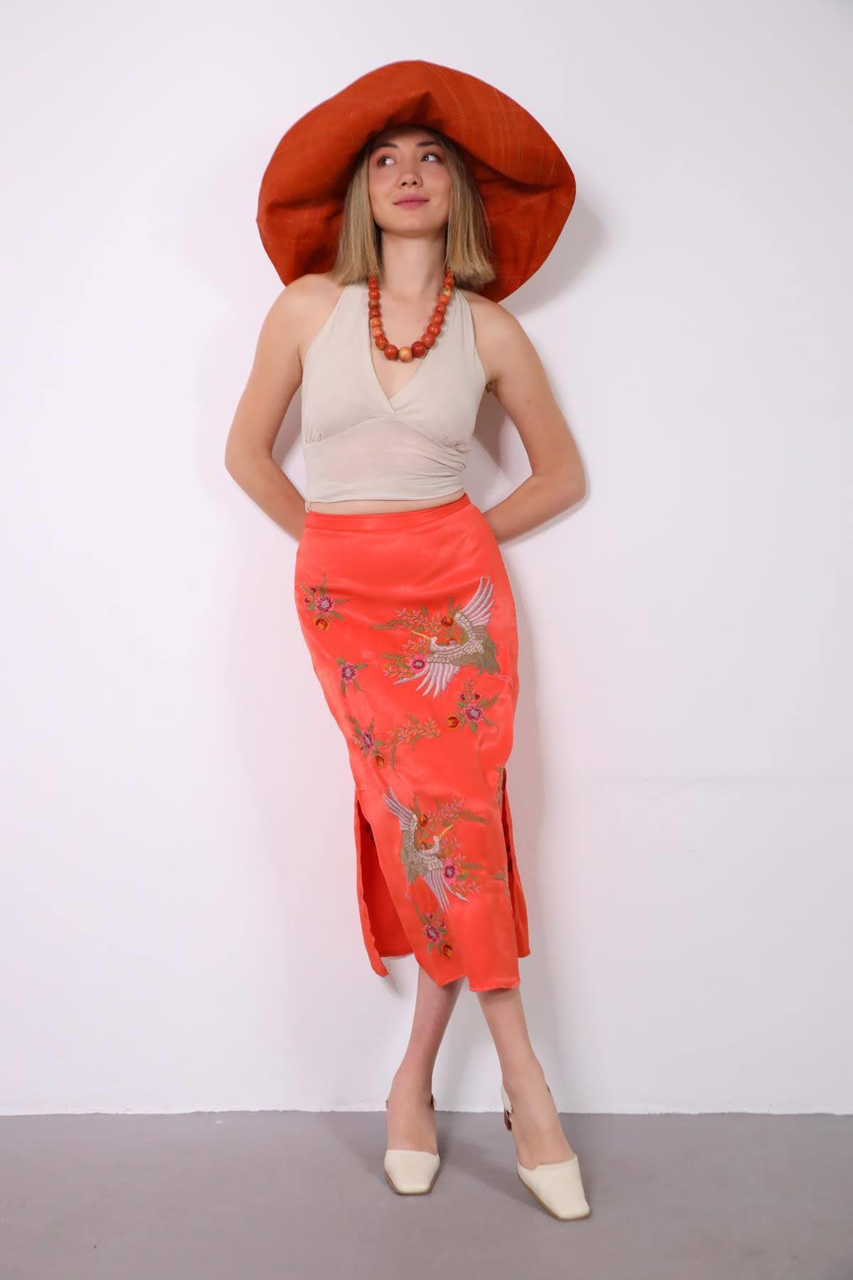 Turuncu Yırtmaçlı Fermuarlı İşlemeli Bohem Etek - Şaman Butik - Bohem Giyim ve Aksesuar | Kadın & Erkek Turuncu Yırtmaçlı Fermuarlı İşlemeli Bohem Etek