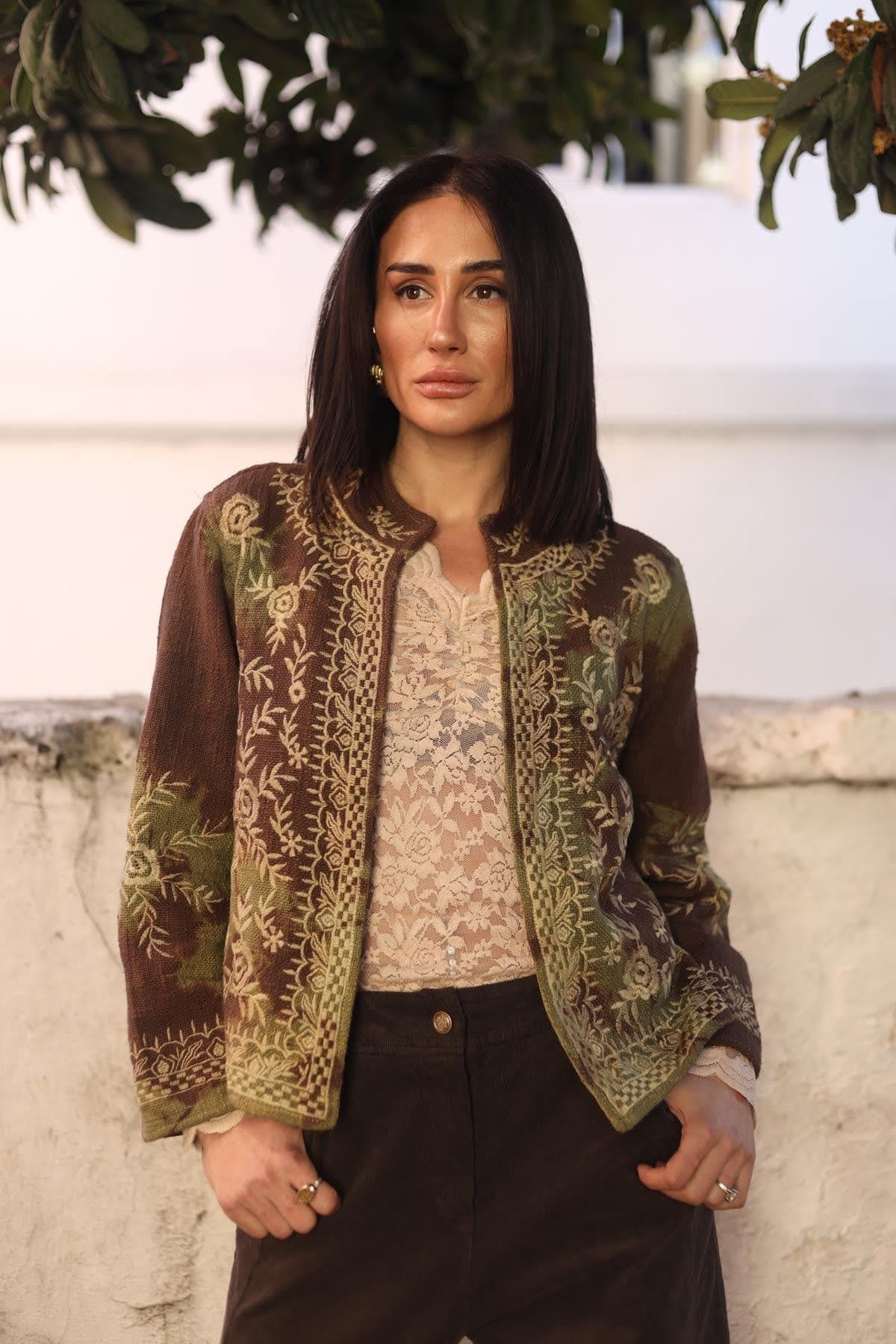 Kahverengi Batikli Nakışlı Ceket